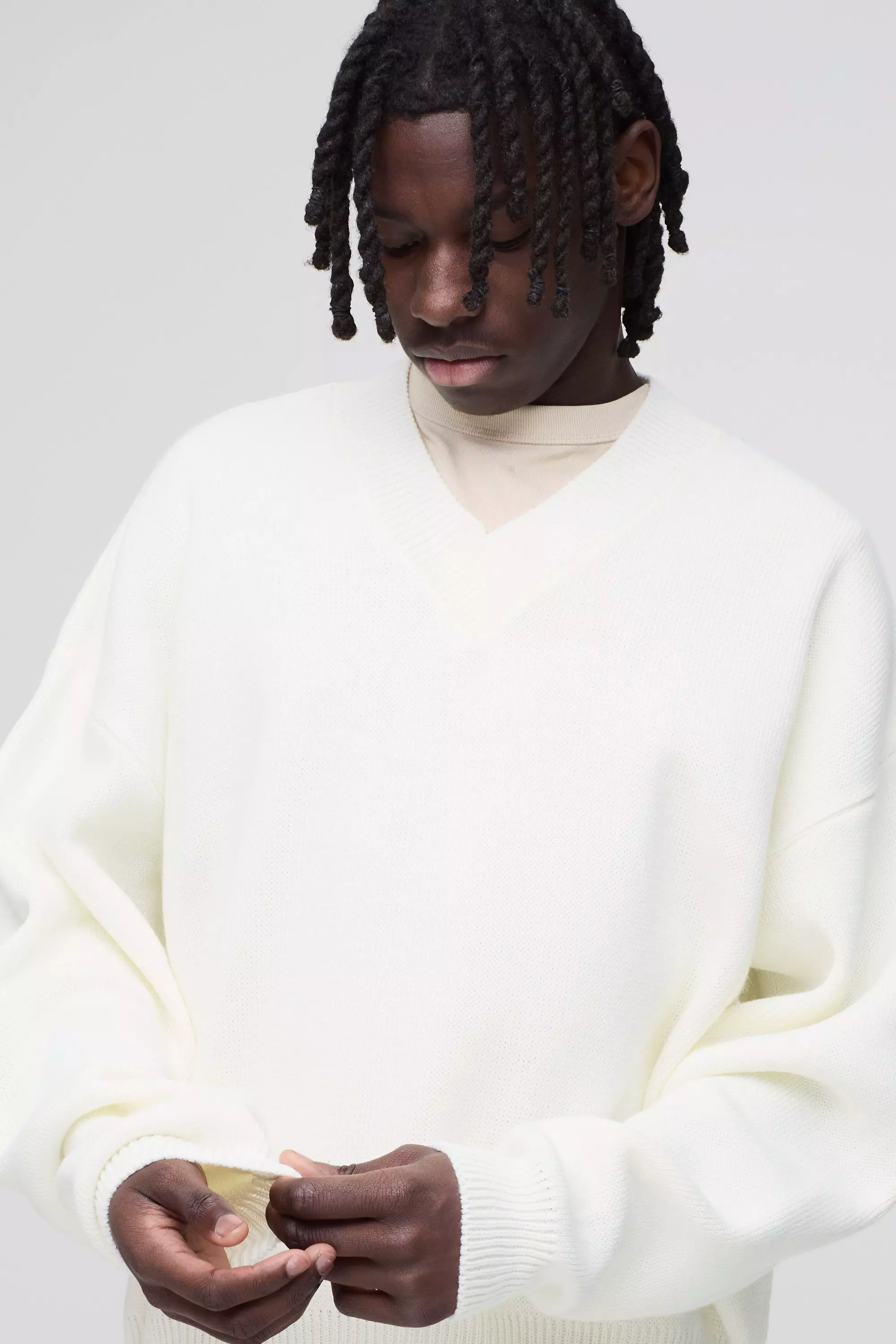 Oversized Boxy V Neck Knitted Sweater | boohooMAN USA