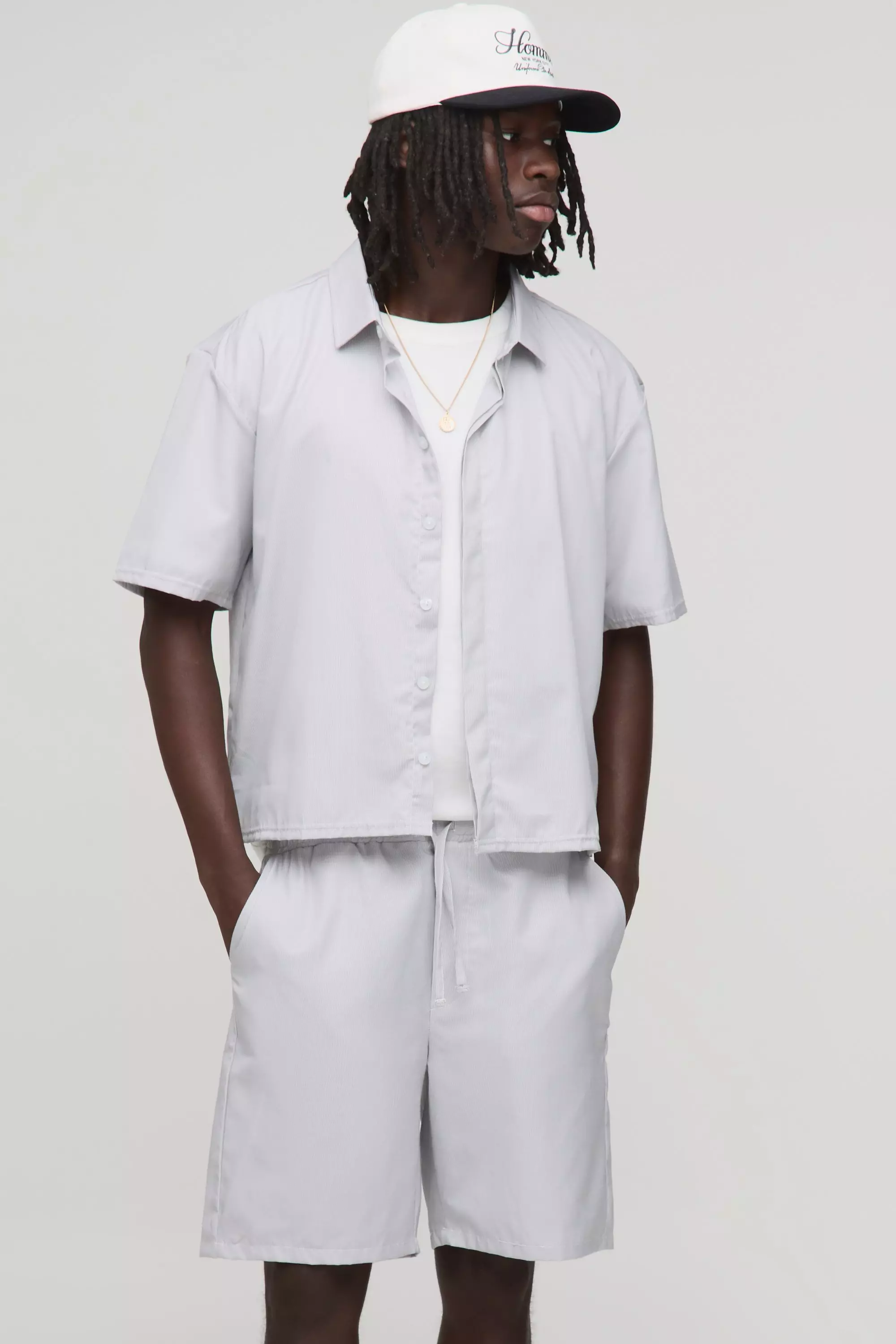 Oversized Boxy Stripe Concealed Placket Shirt & Short Set Stone