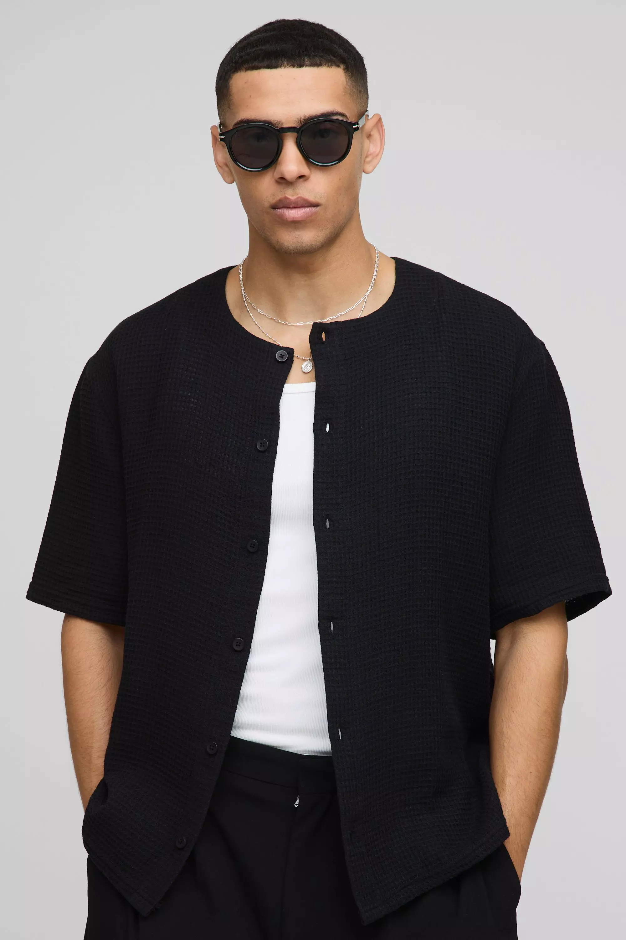 Black Oversized Wafel Gebreid Kraagloos Overhemd alternatieve afbeelding