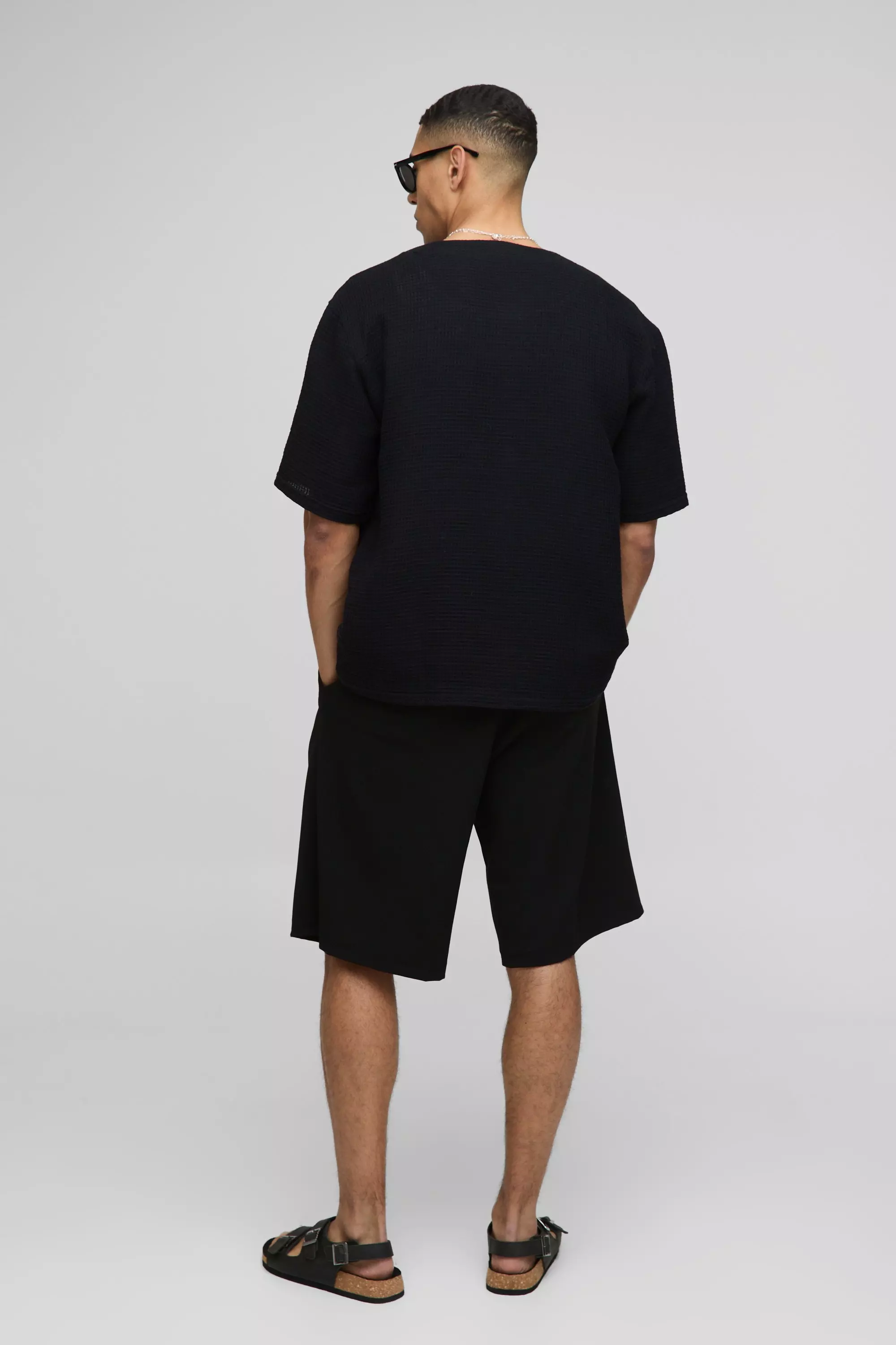 Black Oversized Wafel Gebreid Kraagloos Overhemd alternatieve afbeelding