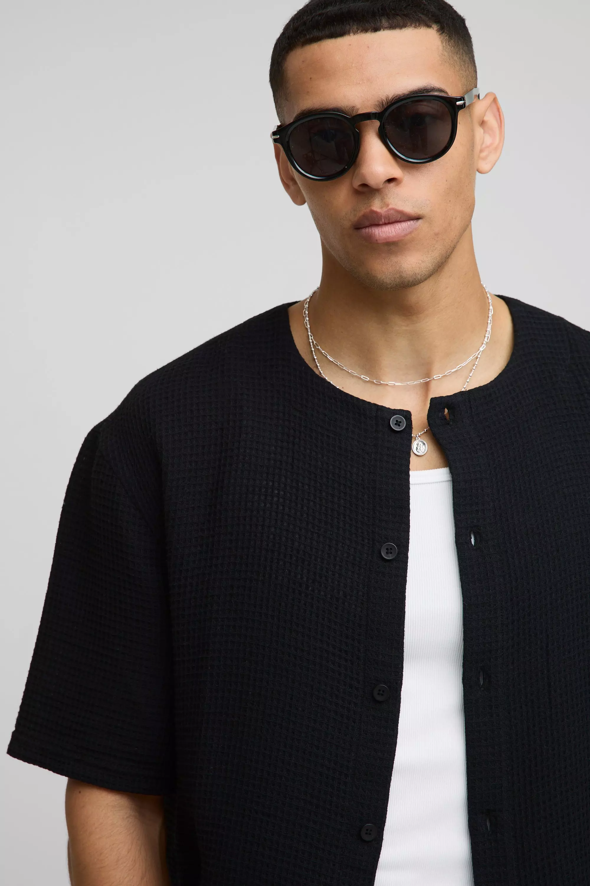 Black Oversized Wafel Gebreid Kraagloos Overhemd alternatieve afbeelding