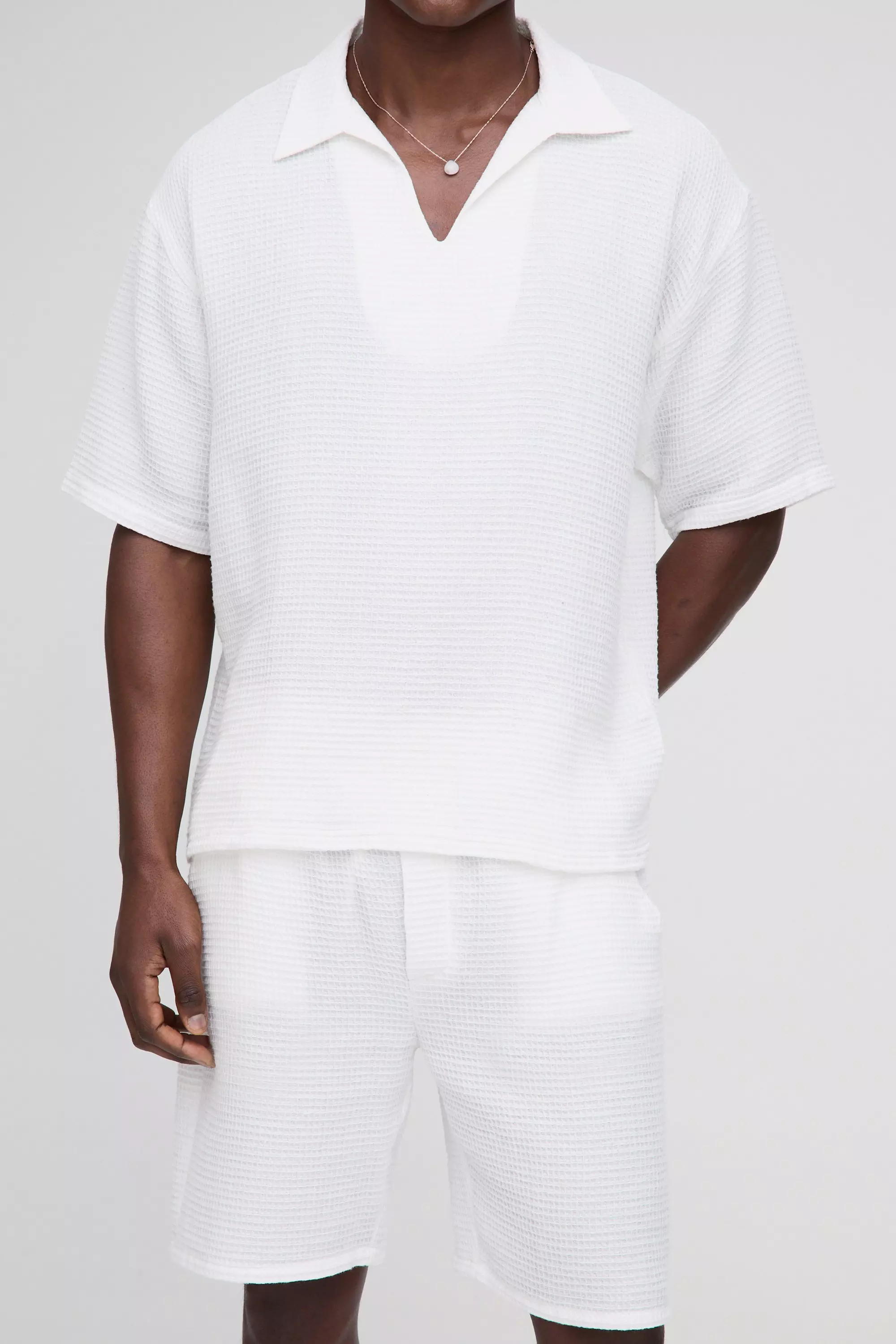 Overhead V-Neck Waffle Shirt & Short Set | boohooMAN USA