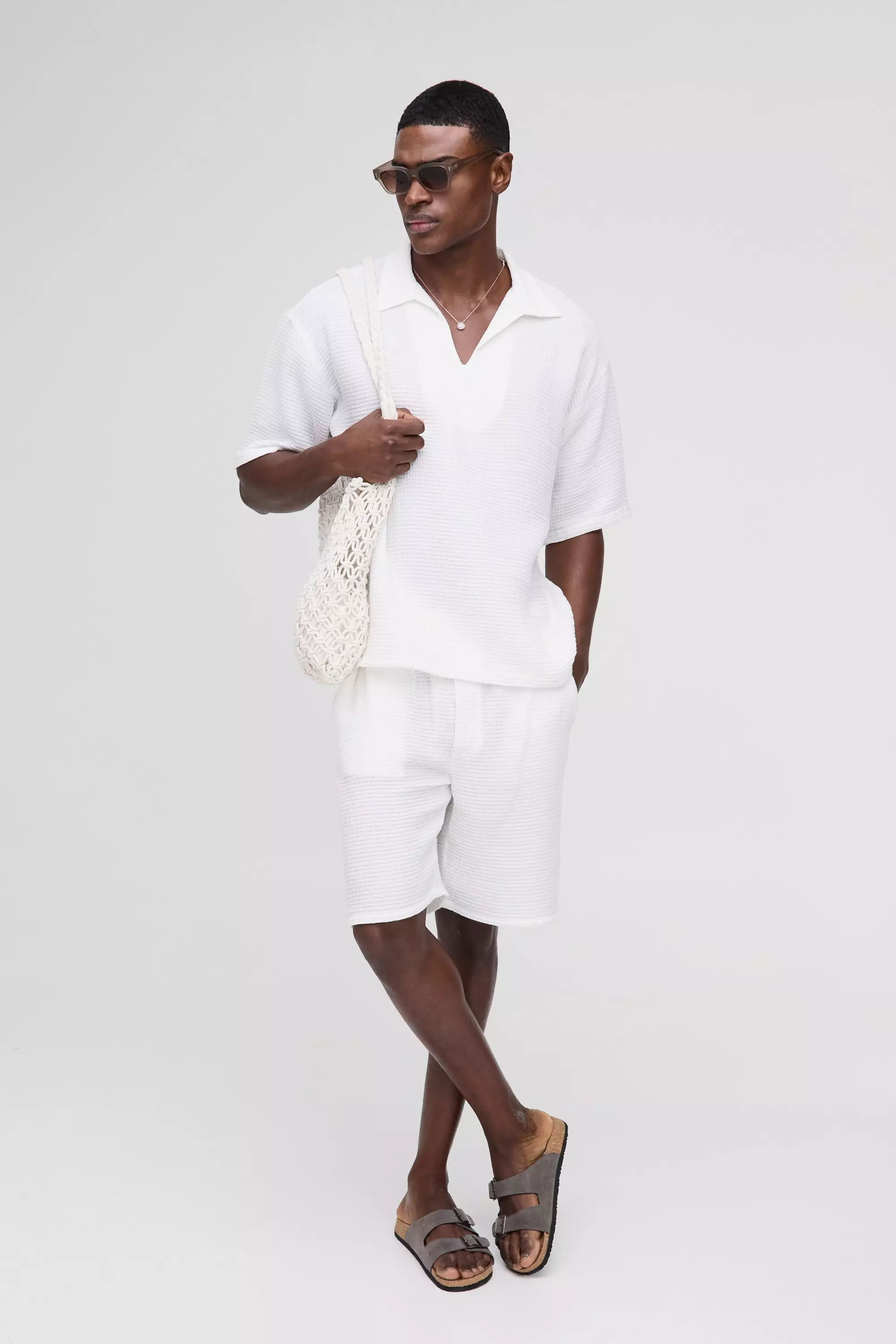 Overhead V-Neck Waffle Shirt & Short Set | boohooMAN USA