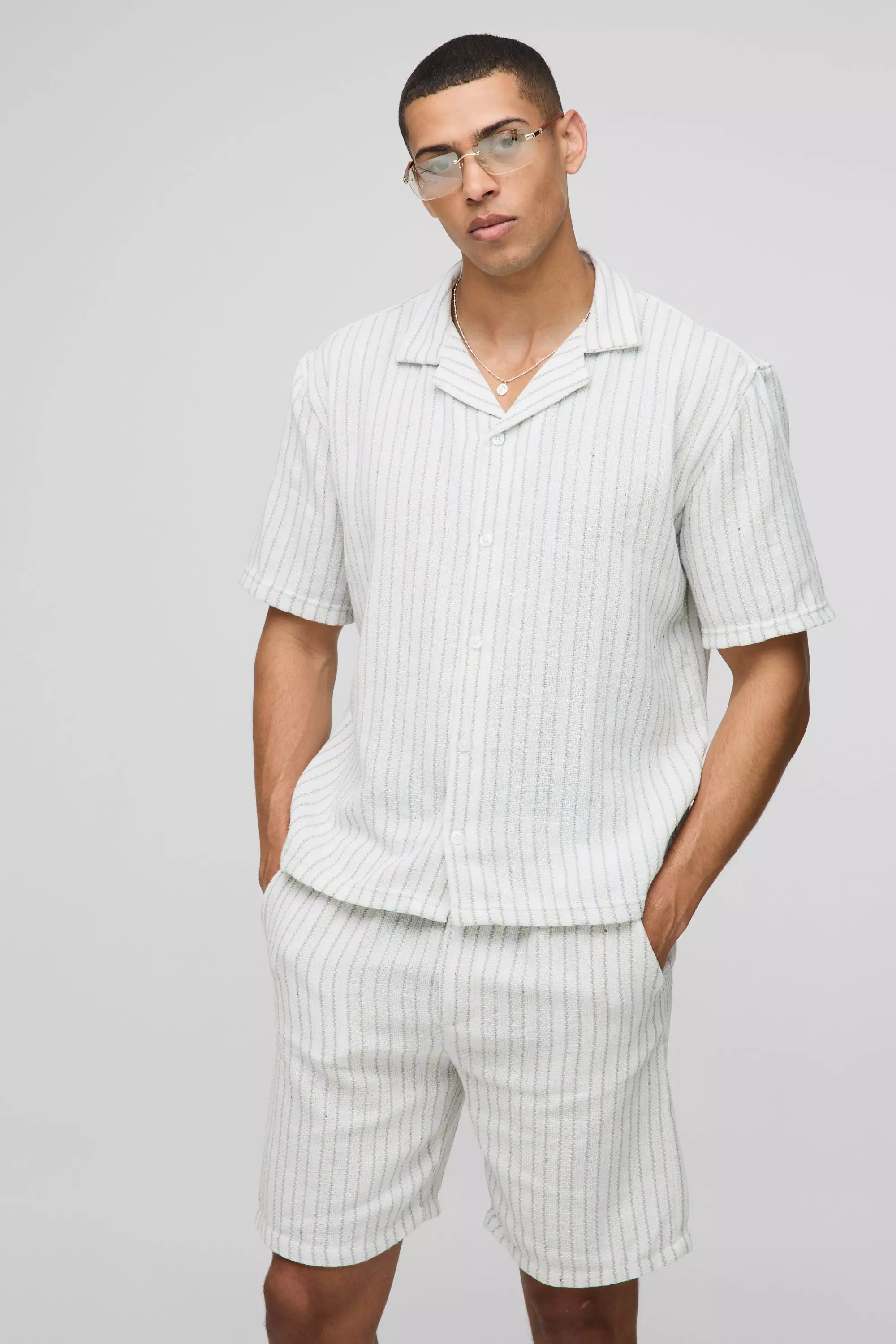 Oversized Linen Look Textured Stripe Shirt & Short Set | boohooMAN USA