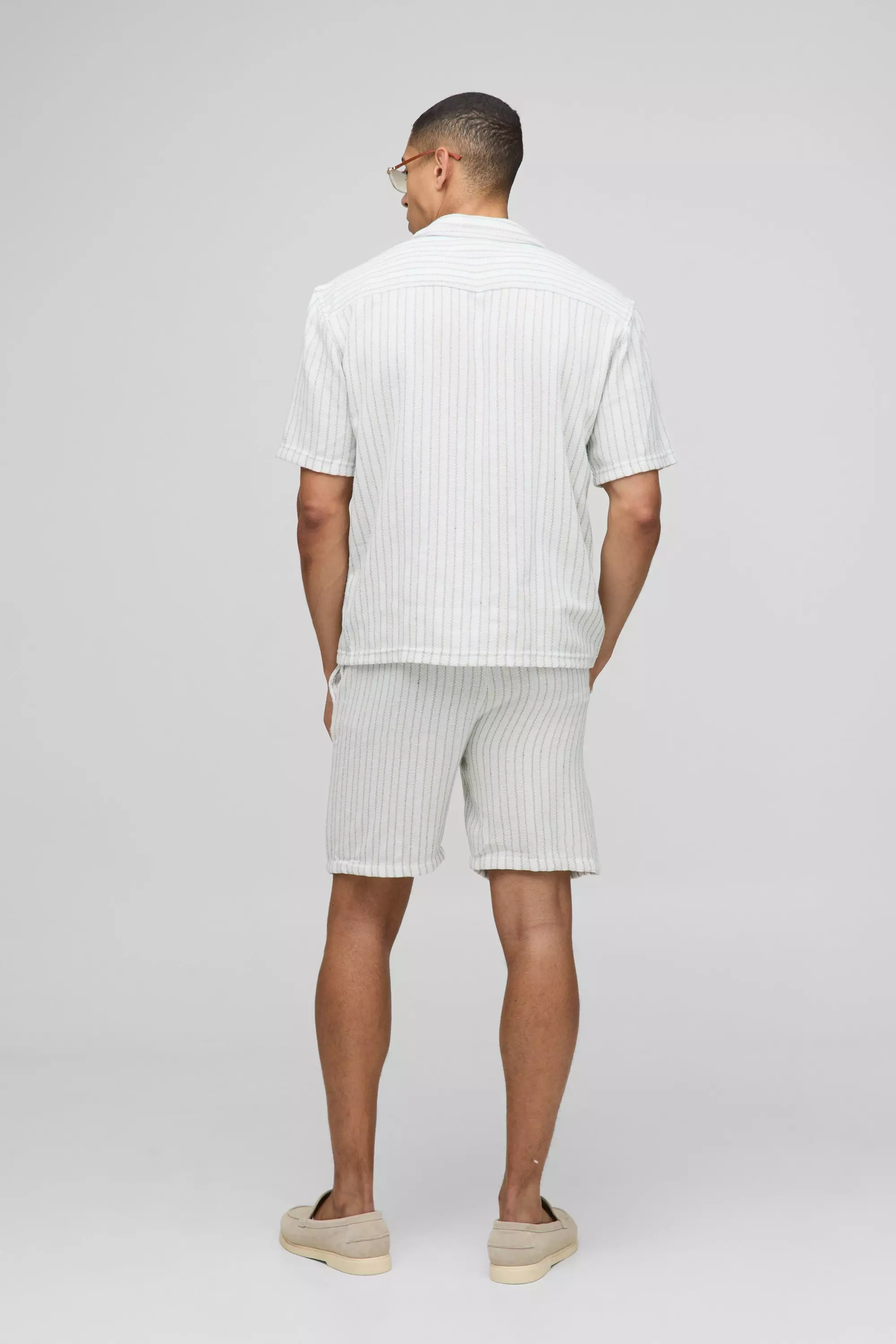 Oversized Linen Look Textured Stripe Shirt & Short Set | boohooMAN USA