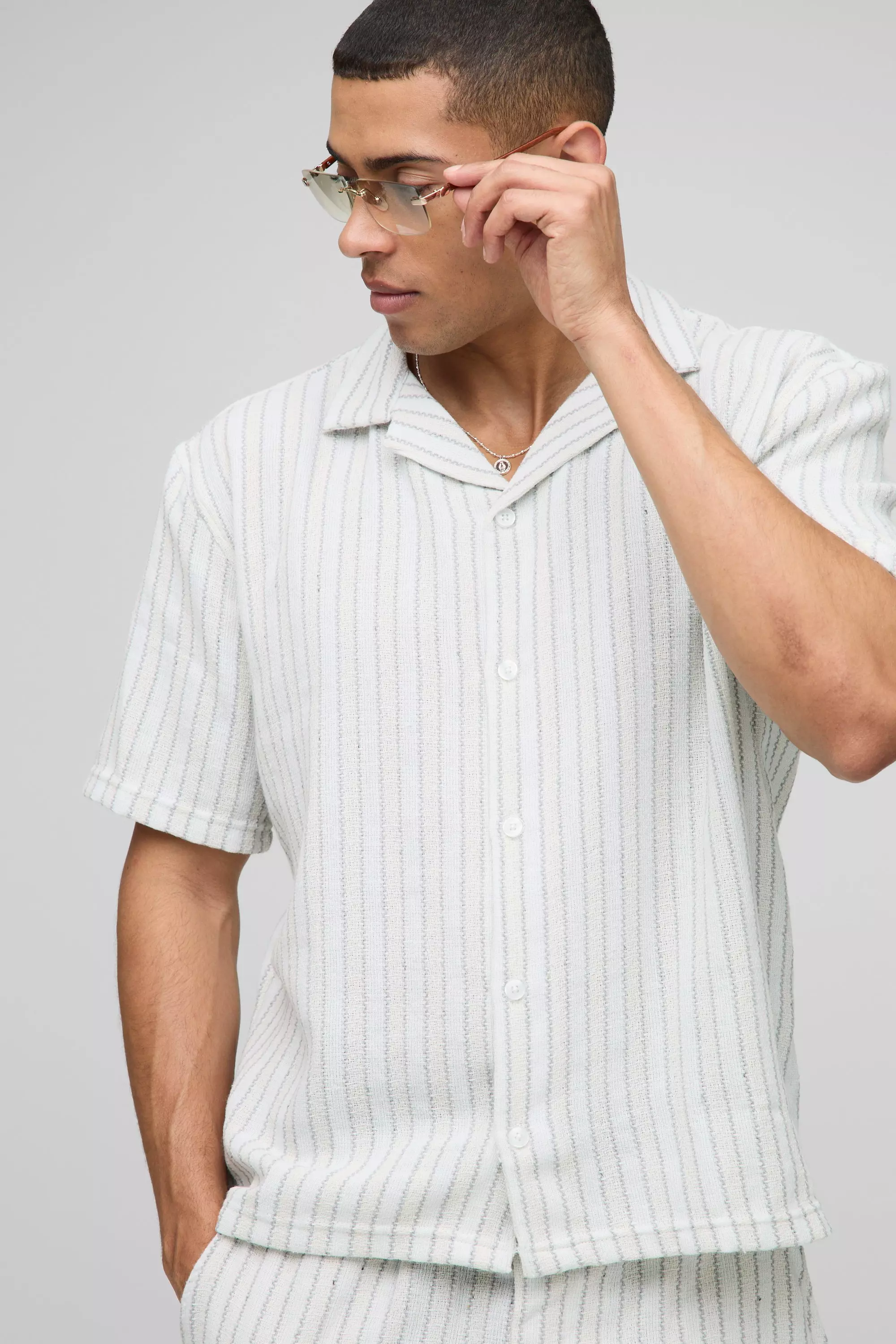 Oversized Linen Look Textured Stripe Shirt & Short Set | boohooMAN USA