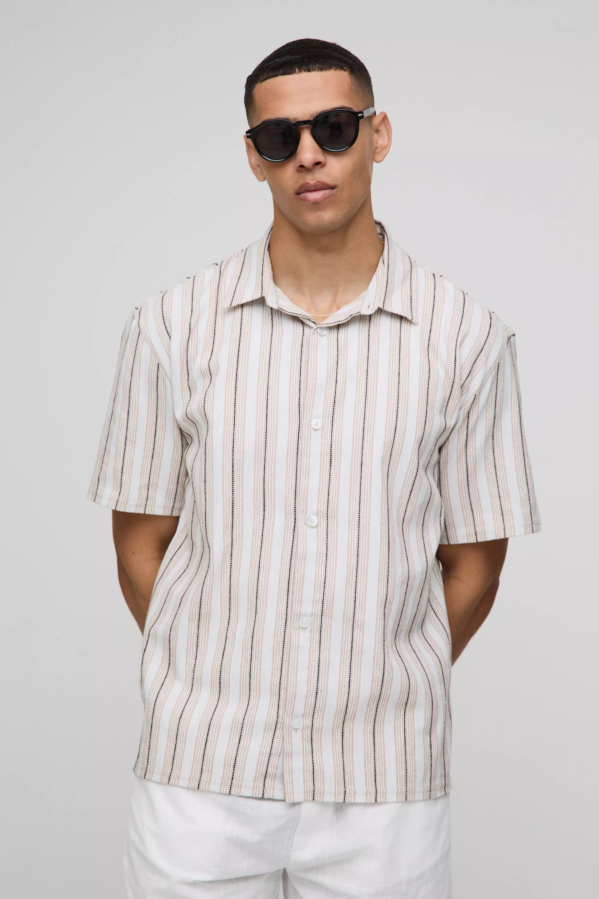 Stone Oversized Linen Look Stripe Collared Shirt alternative image