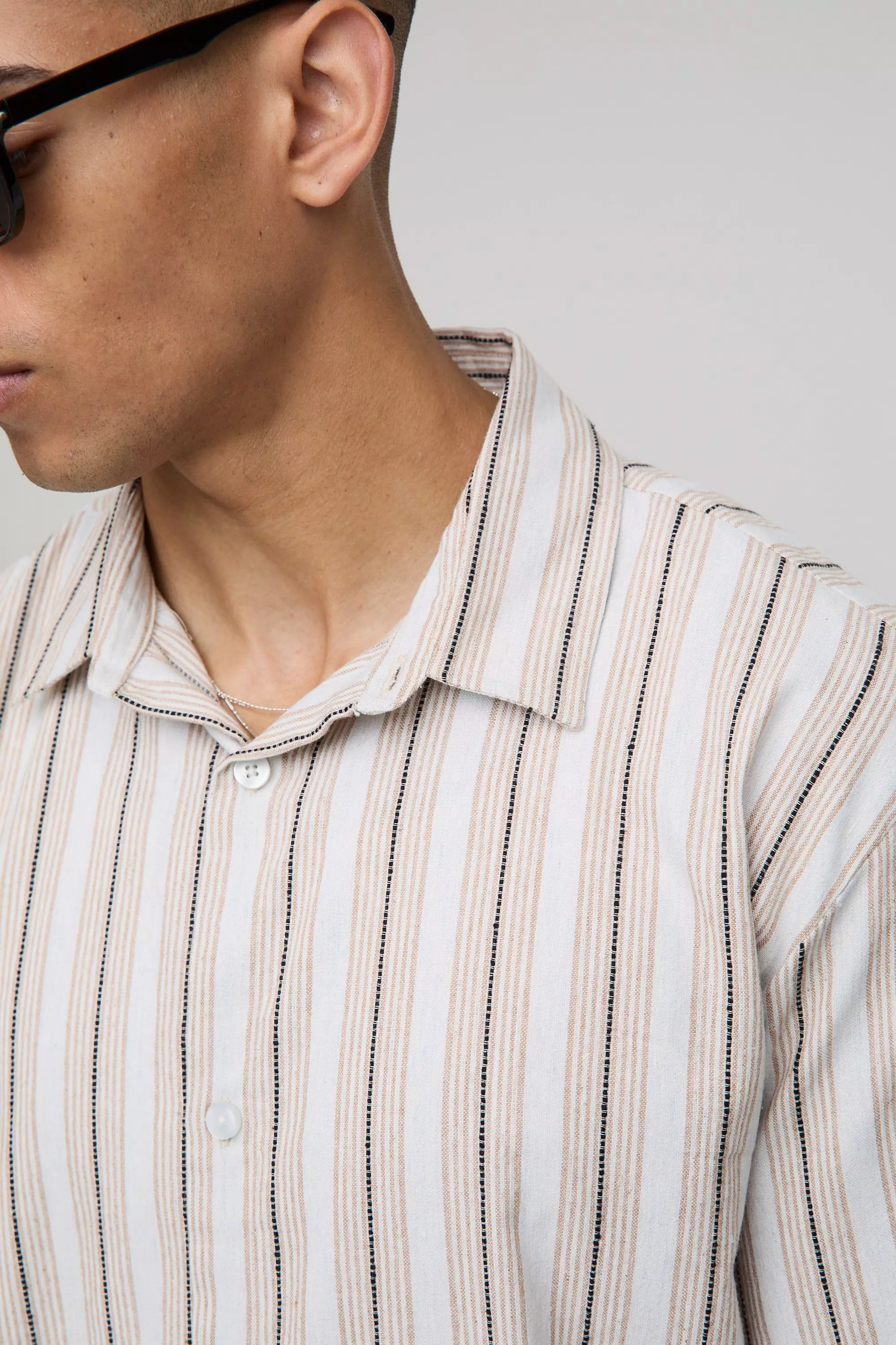 Stone Oversized Linen Look Stripe Collared Shirt alternative image