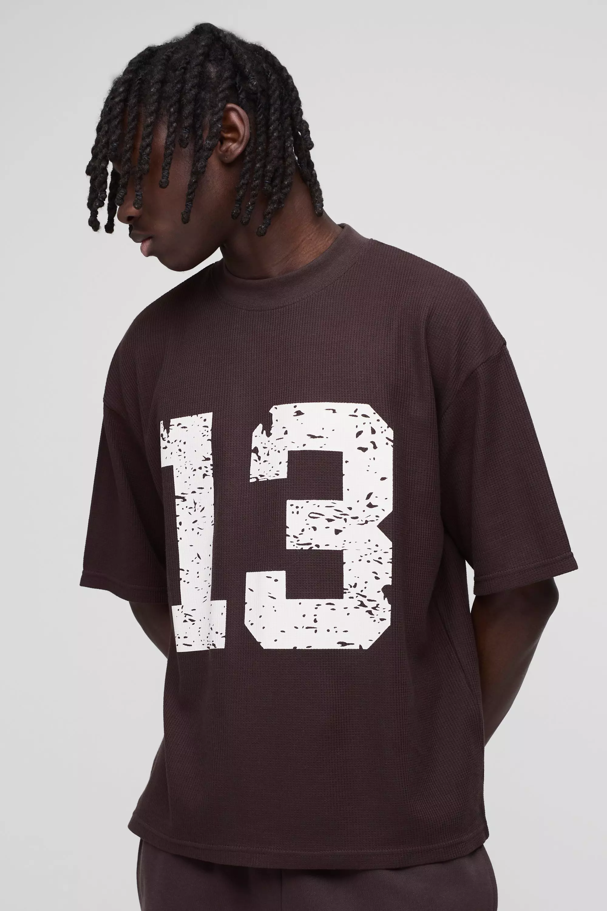Oversized Boxy Extended Neck 13 Waffle Print T-Shirt | boohooMAN USA