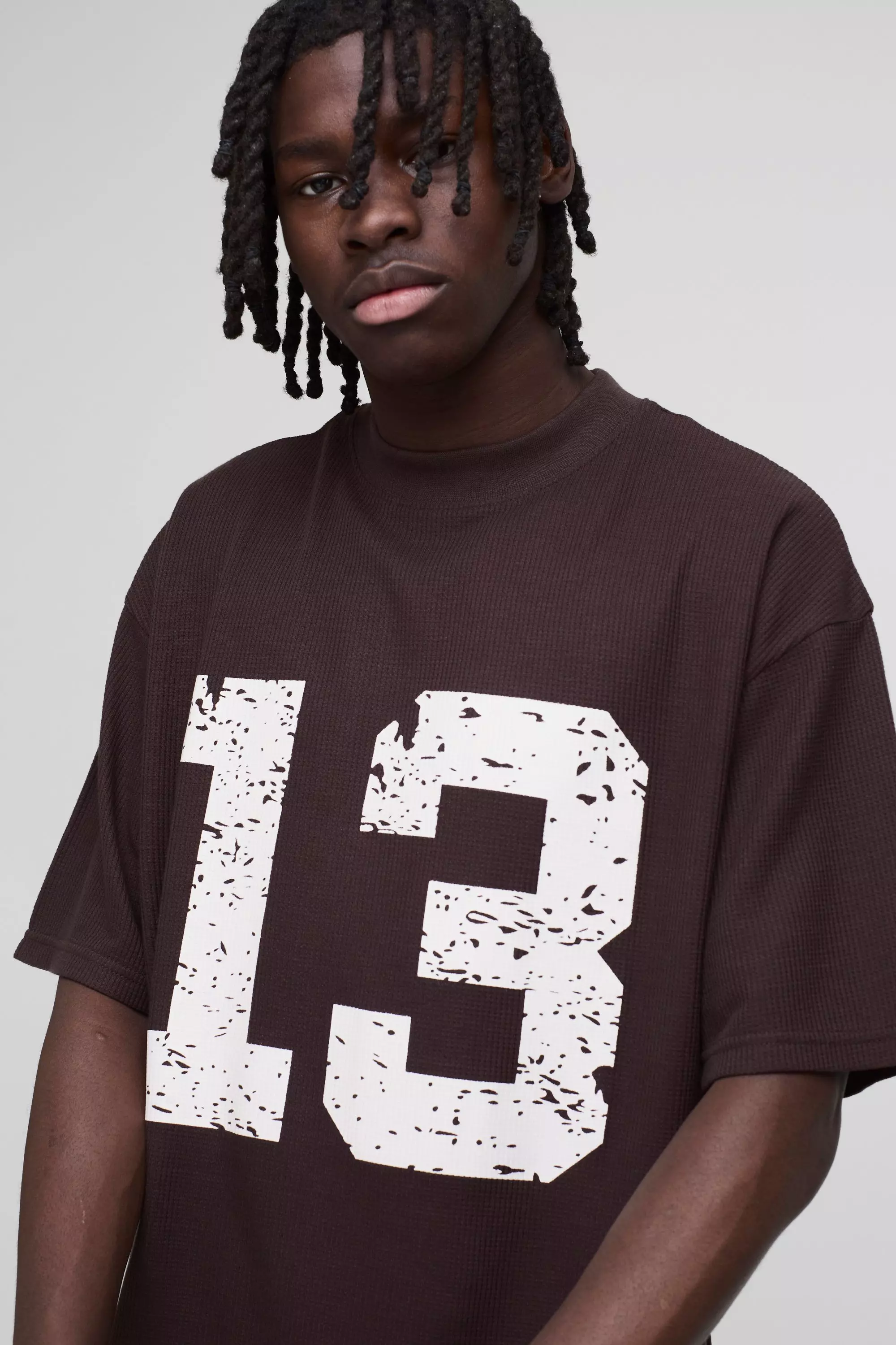 Oversized Boxy Extended Neck 13 Waffle Print T-Shirt | boohooMAN USA