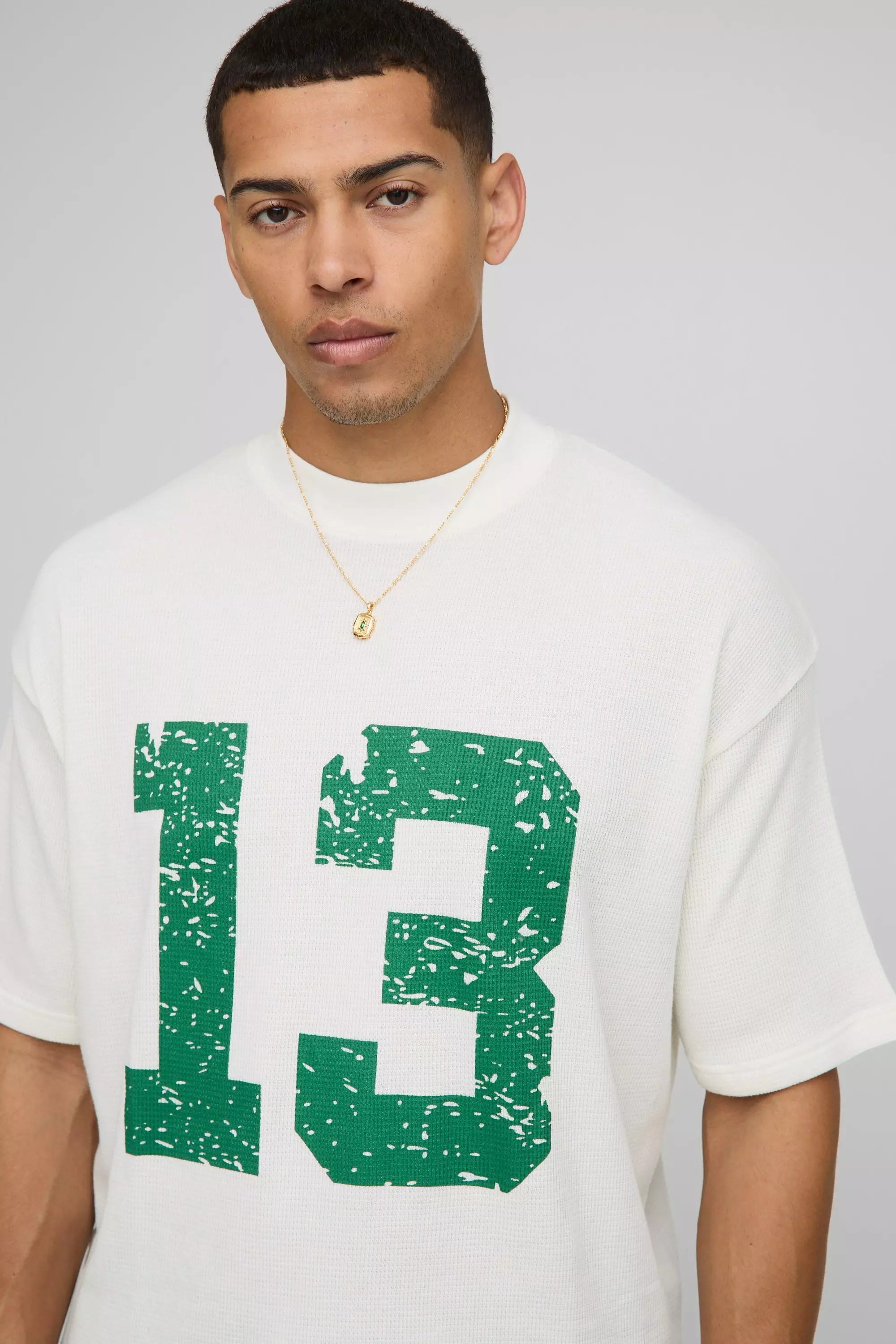 Oversized Boxy Extended Neck 13 Waffle Print T-Shirt | boohooMAN USA