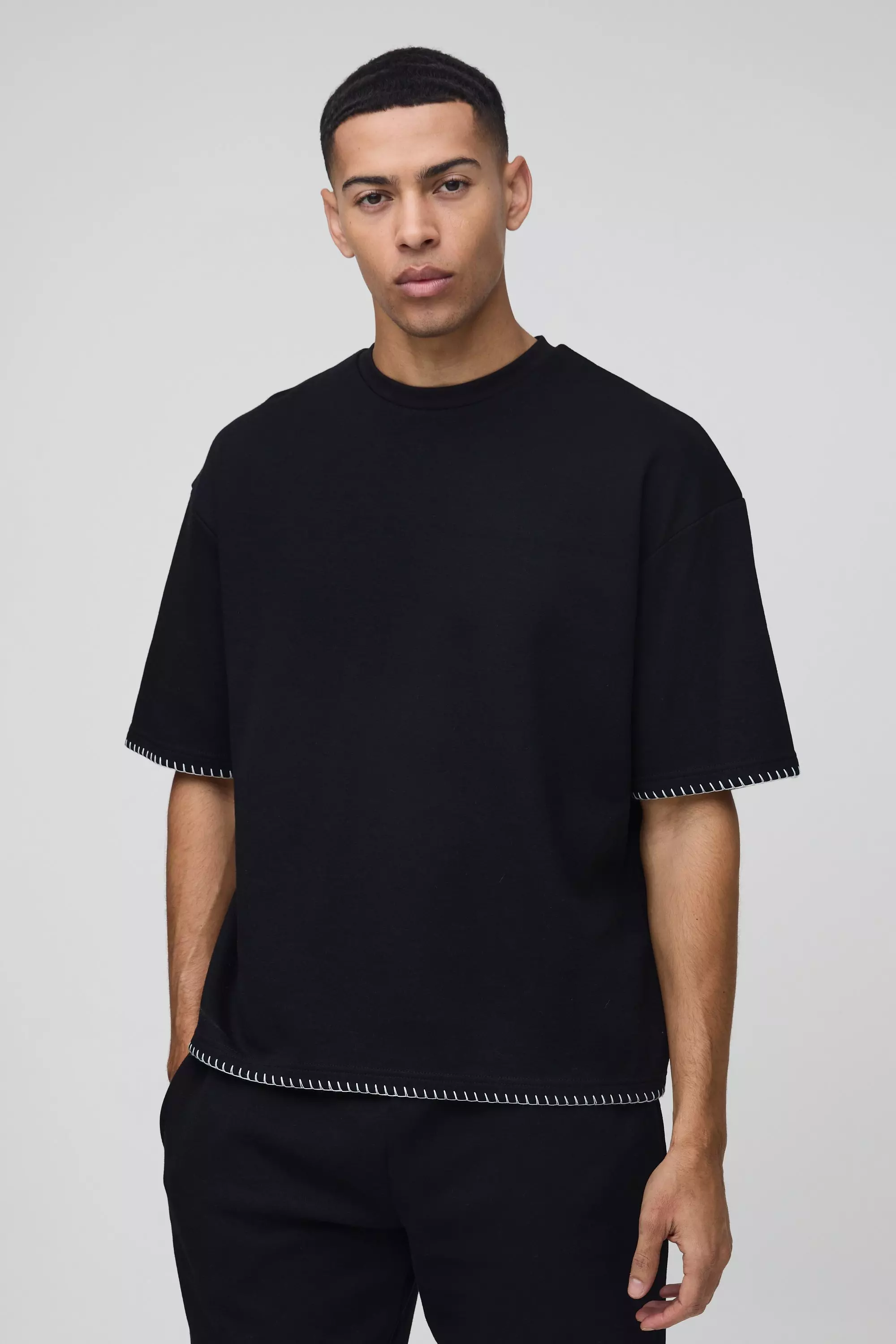 Oversized Boxy Interlock Blanket Stitch T-Shirt | boohooMAN UK