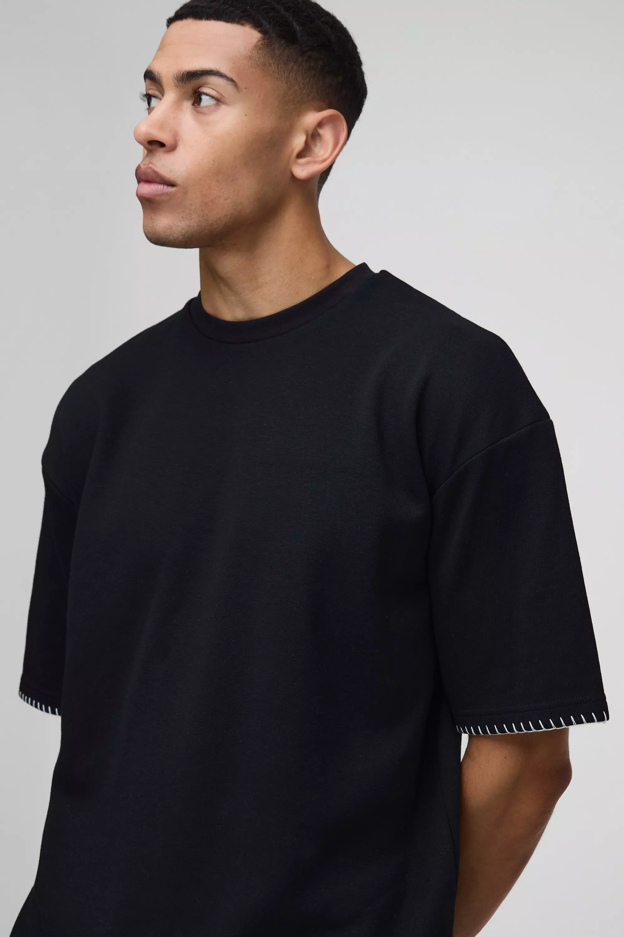 Oversized Boxy Interlock Blanket Stitch T-Shirt | boohooMAN UK