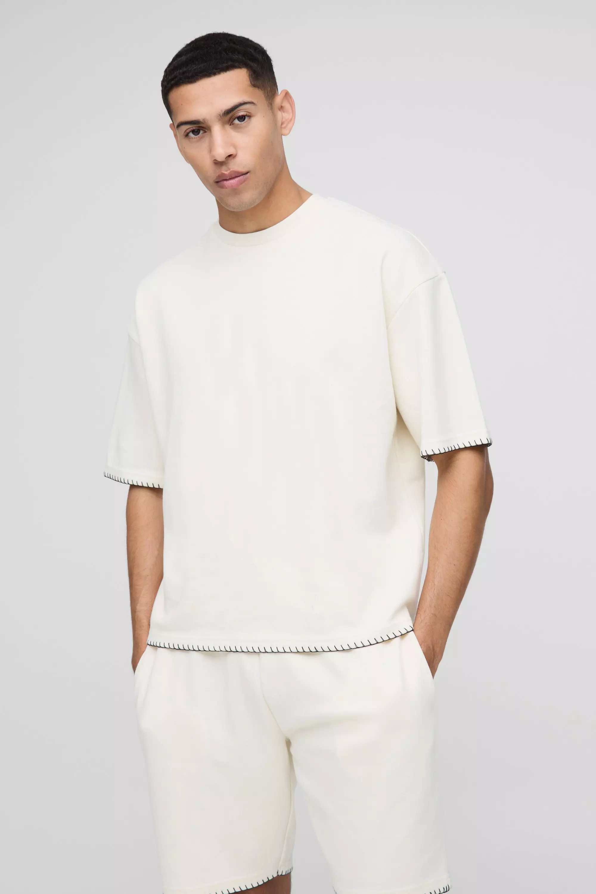 Oversized Boxy Interlock Blanket Stitch T-Shirt | boohooMAN UK