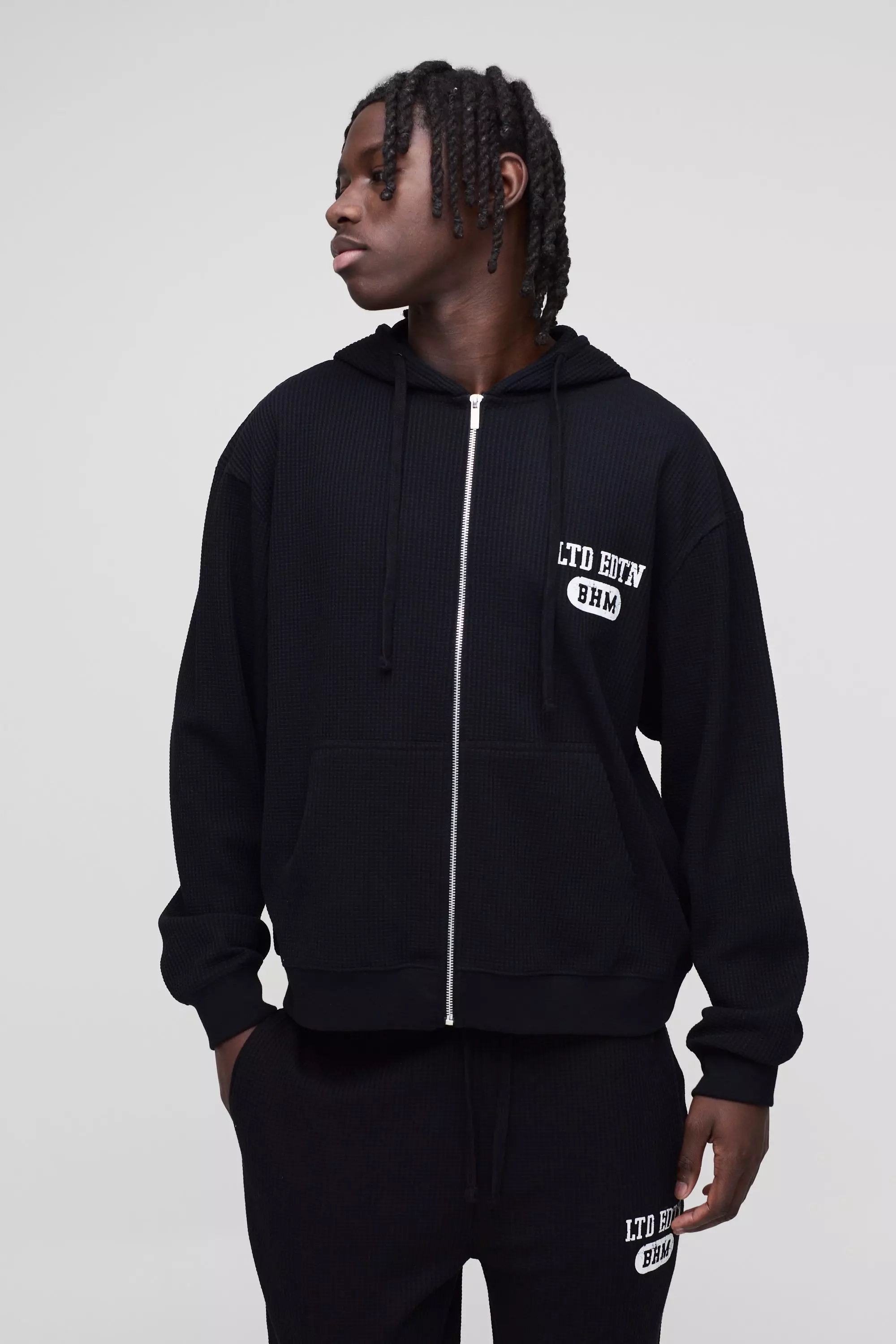 Black Oversized Boxy Waffle Print Zip Through Hoodie alternative image