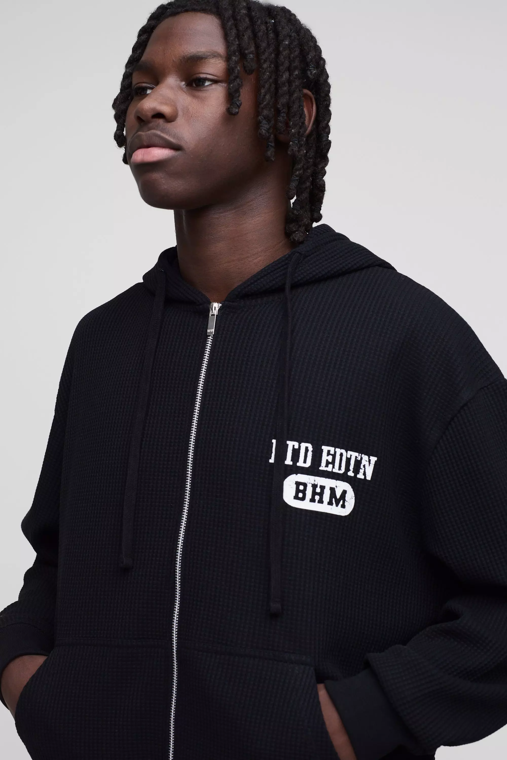 Black Oversized Boxy Waffle Print Zip Through Hoodie alternative image