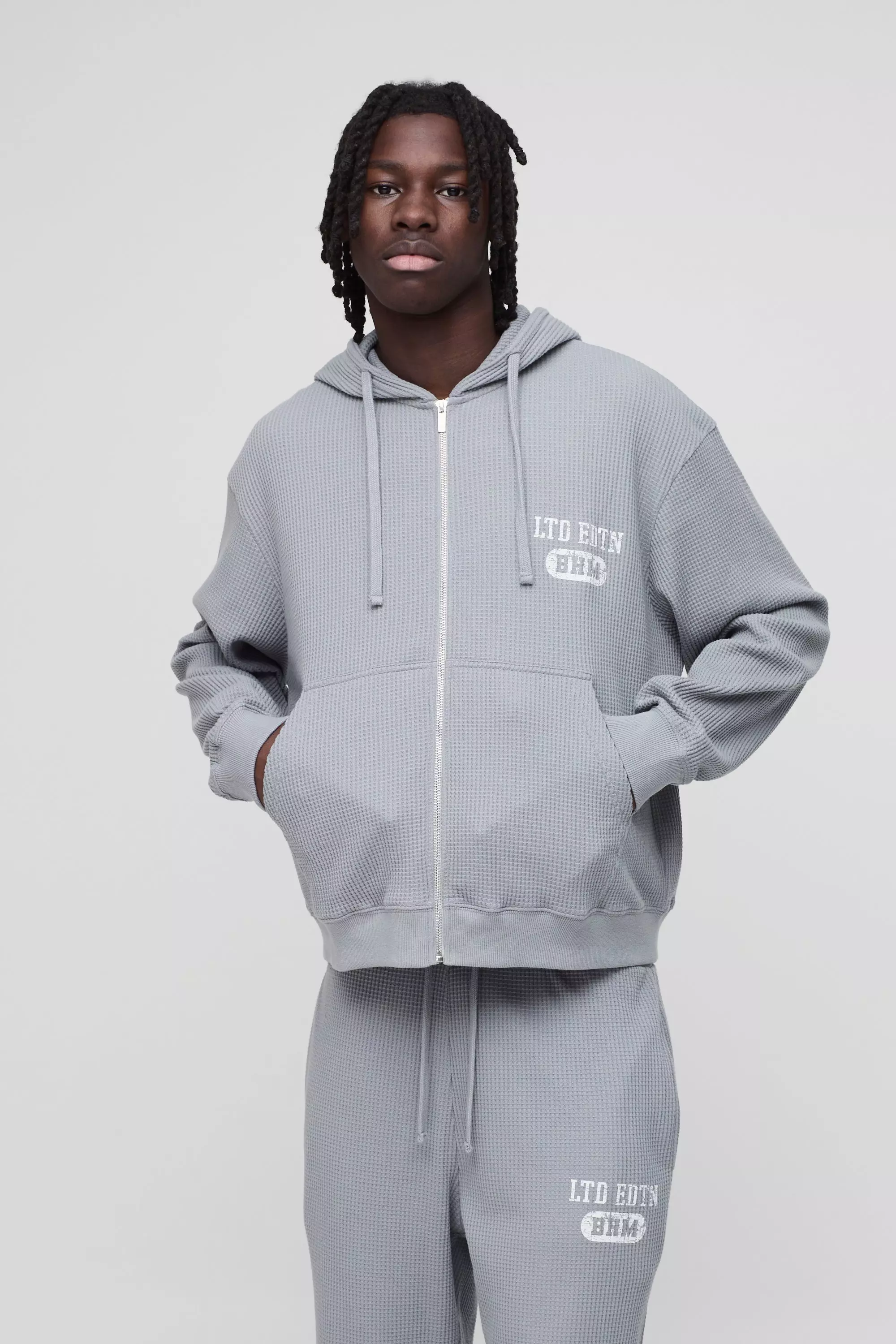 Grey Oversized Boxy Waffle Print Zip Through Hoodie alternative image