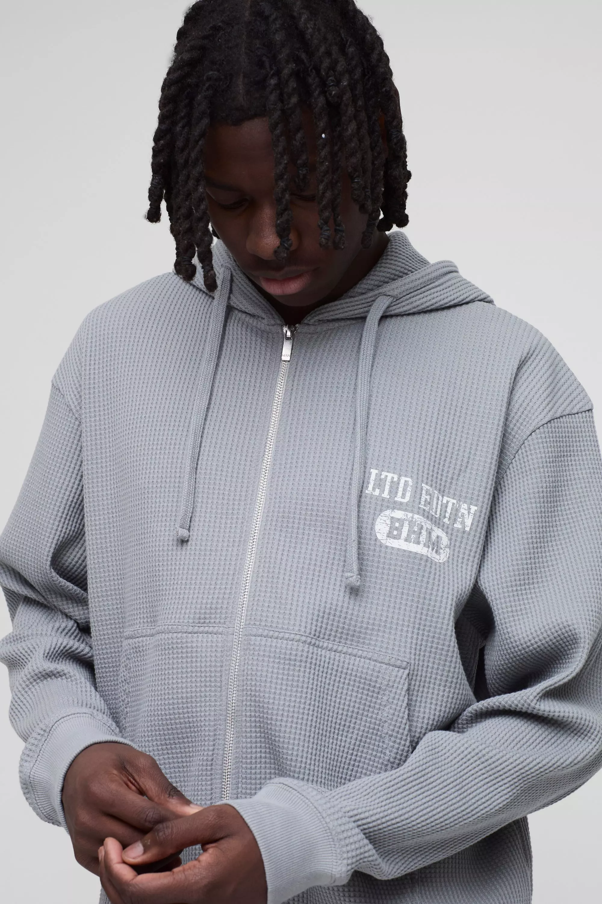 Grey Oversized Boxy Waffle Print Zip Through Hoodie alternative image