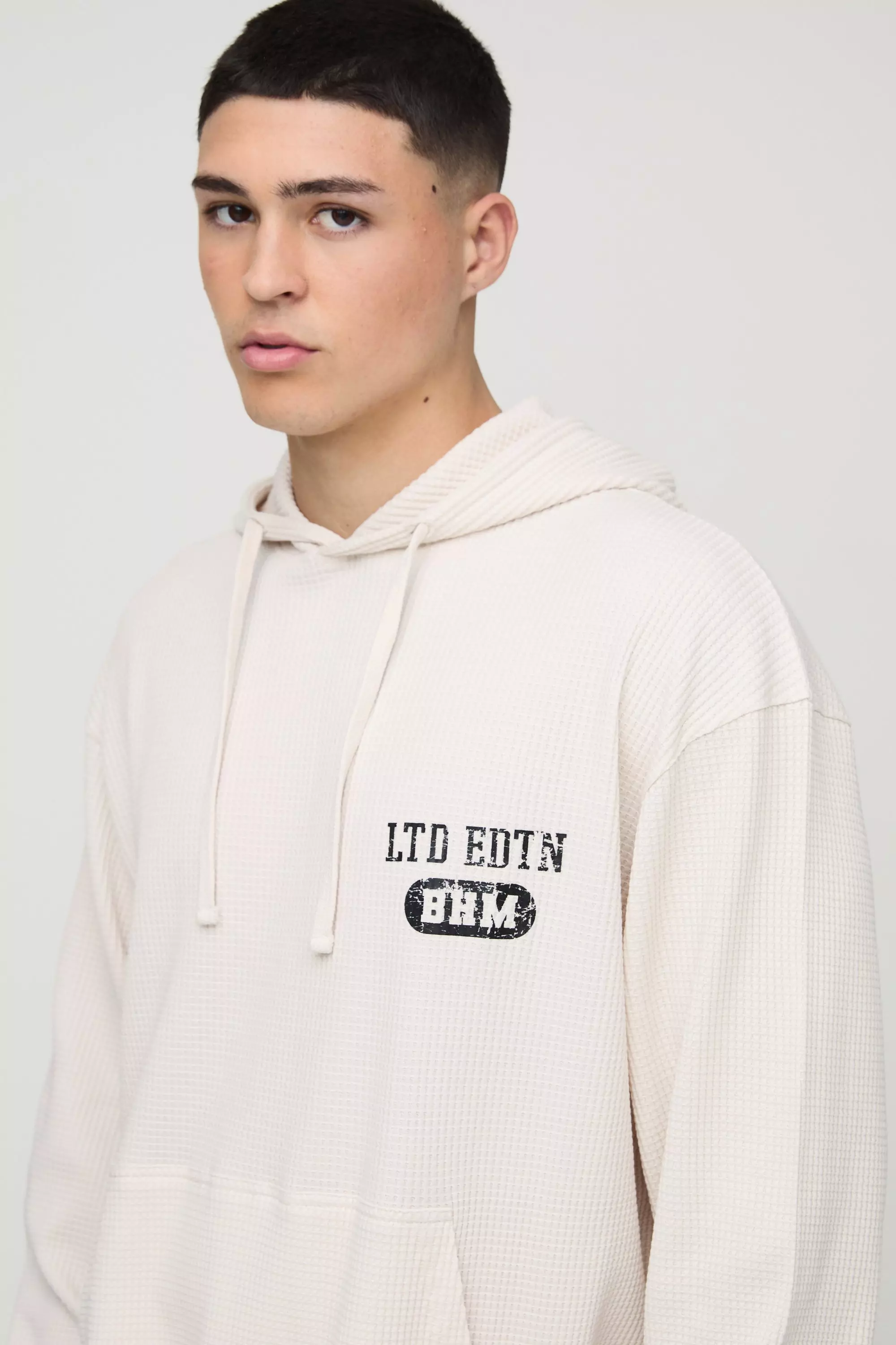 Oversized Waffle Print Hoodie | boohooMAN USA