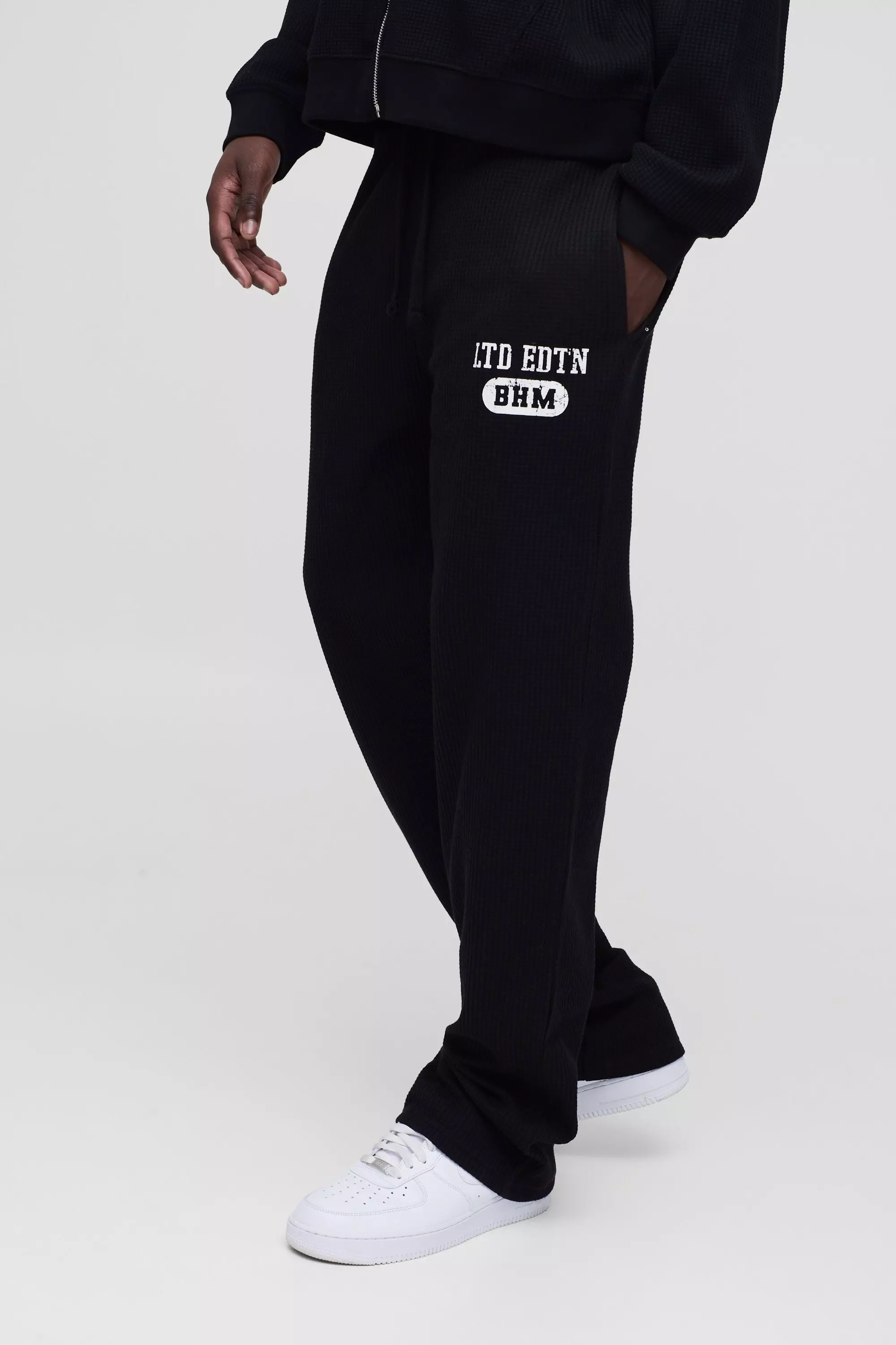 Black Baggy Wafel Gebreide Joggingbroek alternatieve afbeelding