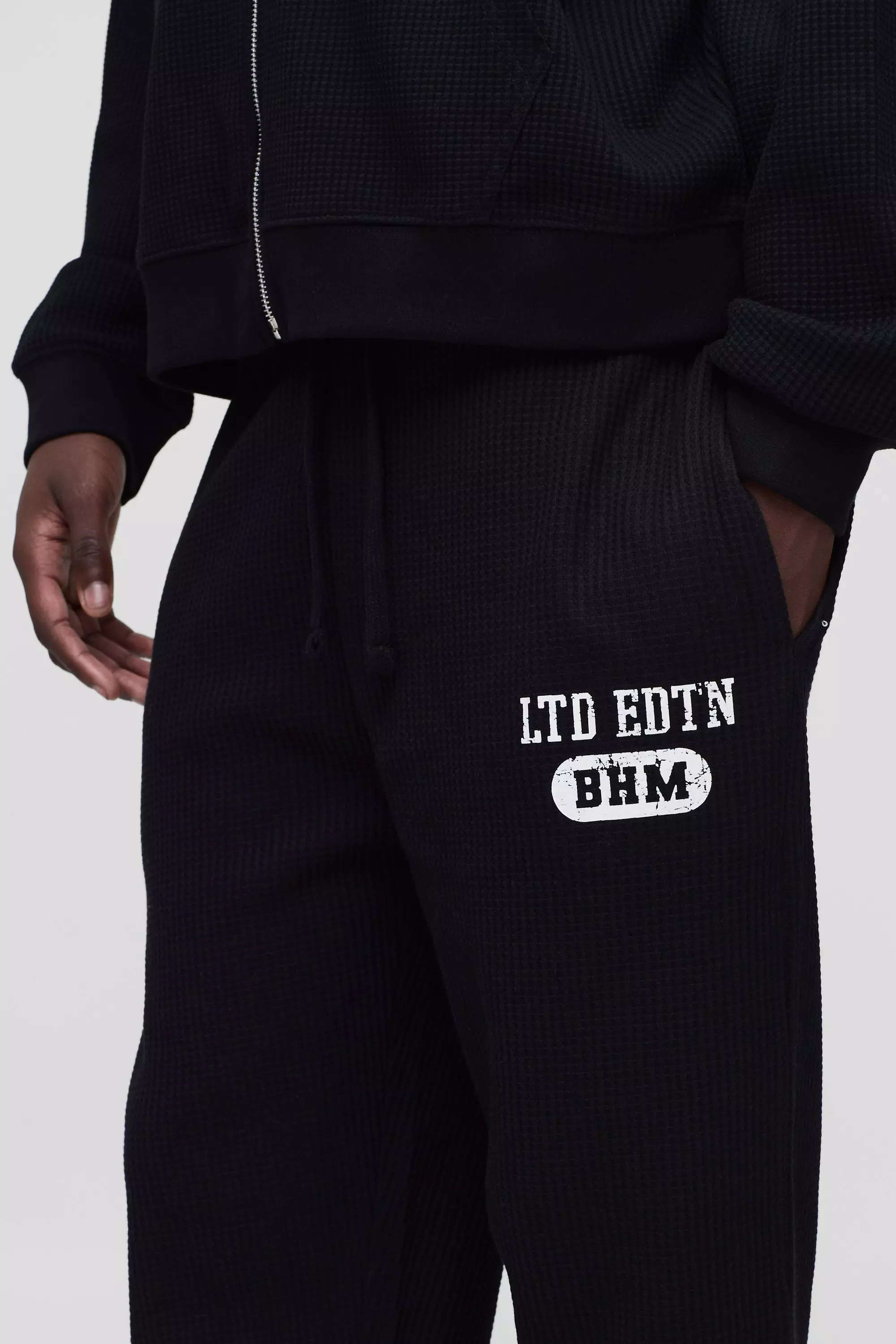 Black Baggy Wafel Gebreide Joggingbroek alternatieve afbeelding