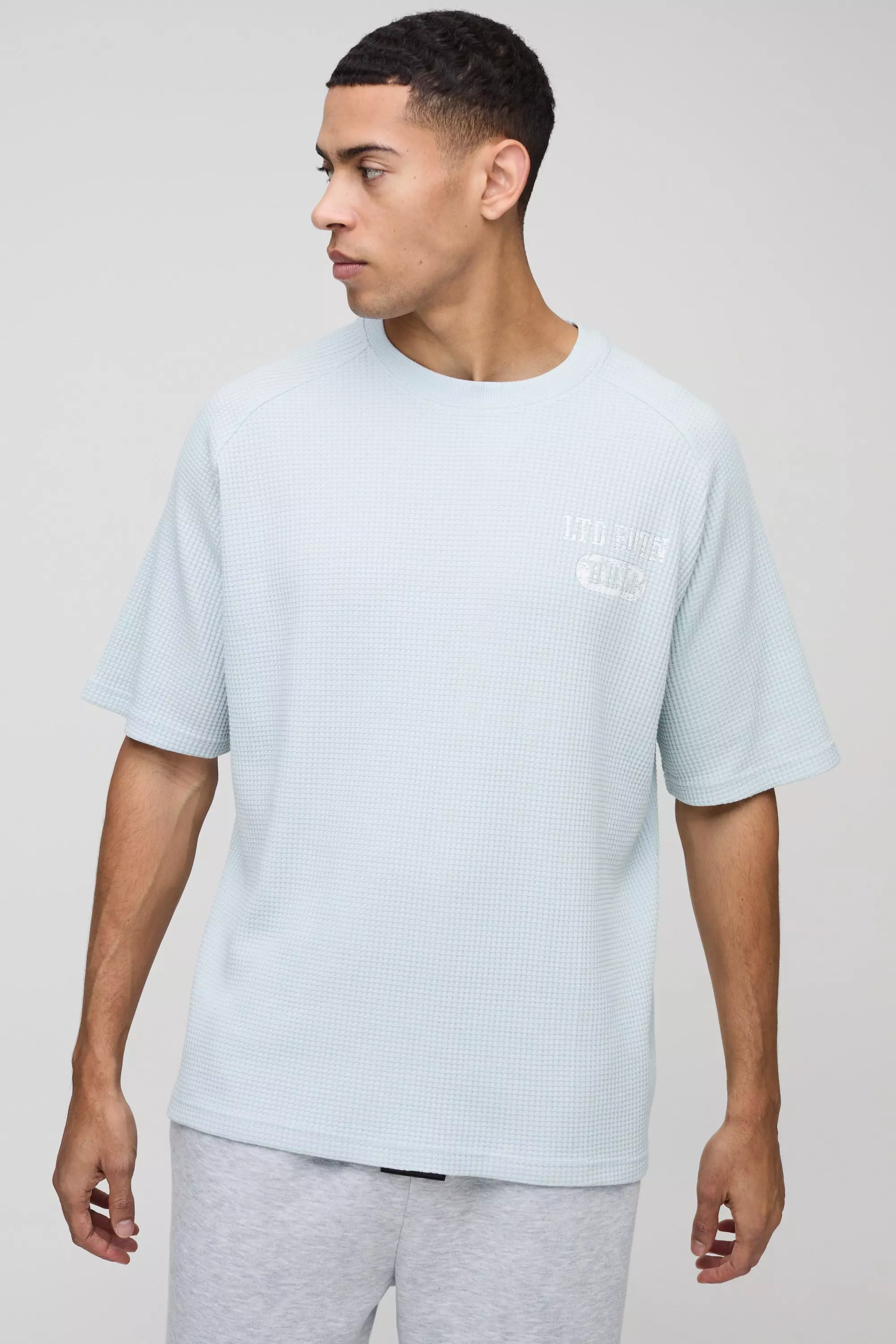 Blue Oversized Raglan Waffle Print T-Shirt alternative image