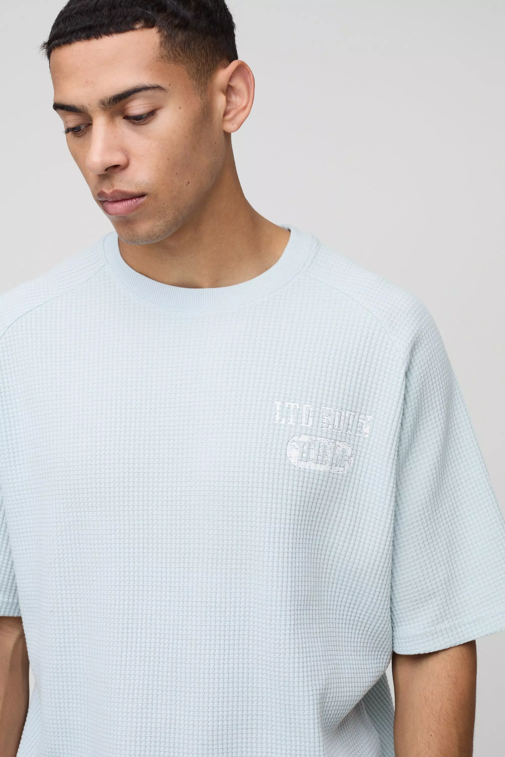 Blue Oversized Raglan Waffle Print T-Shirt alternative image