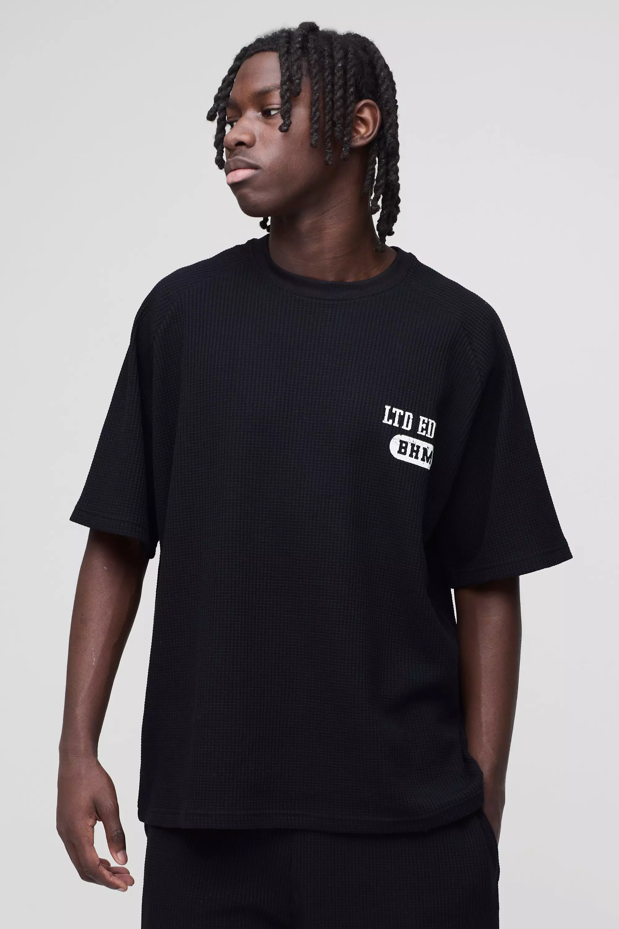 Black Oversized Wafel Gebreid Raglan T-Shirt alternatieve afbeelding