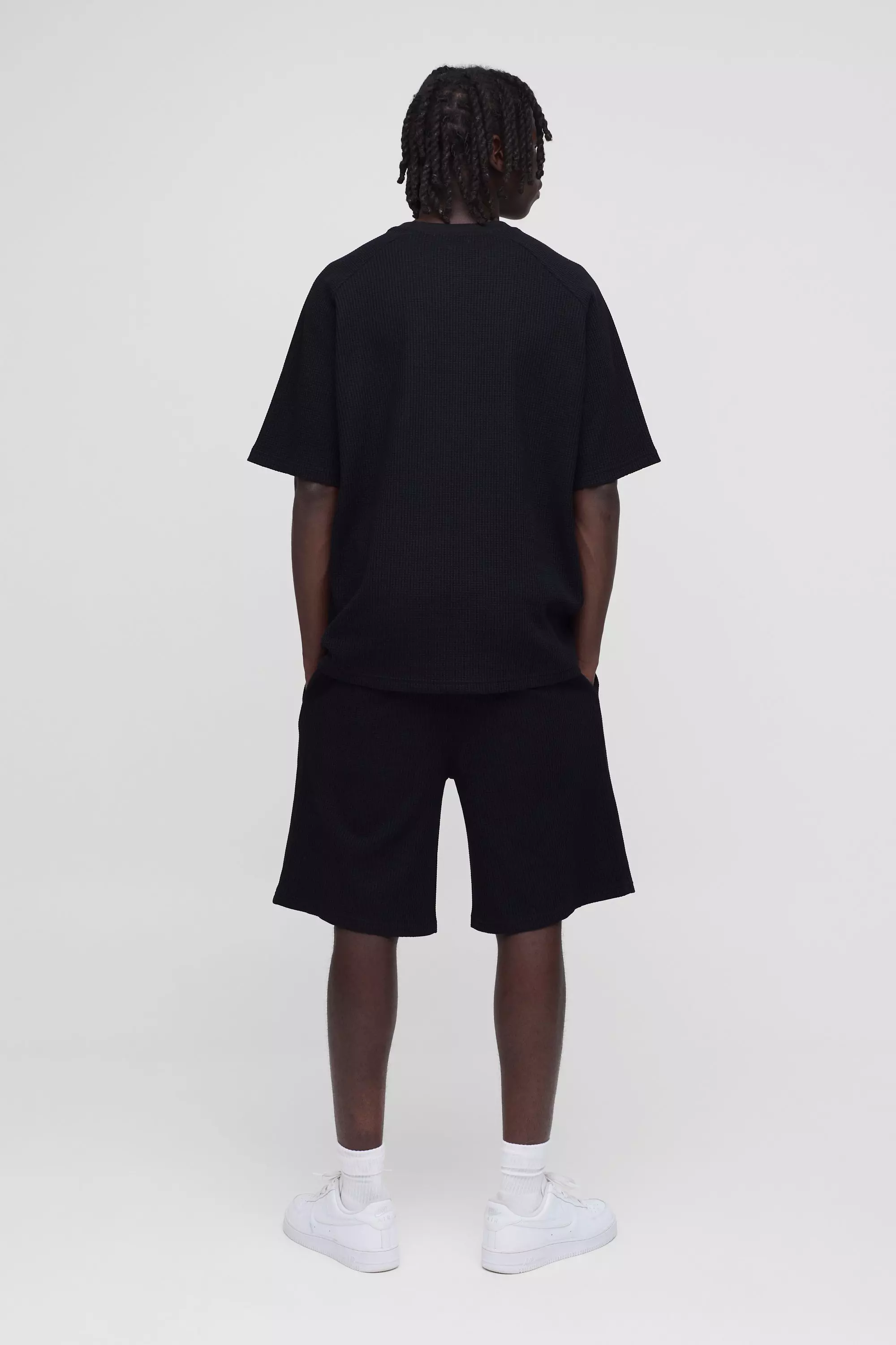 Black Oversized Wafel Gebreid Raglan T-Shirt alternatieve afbeelding