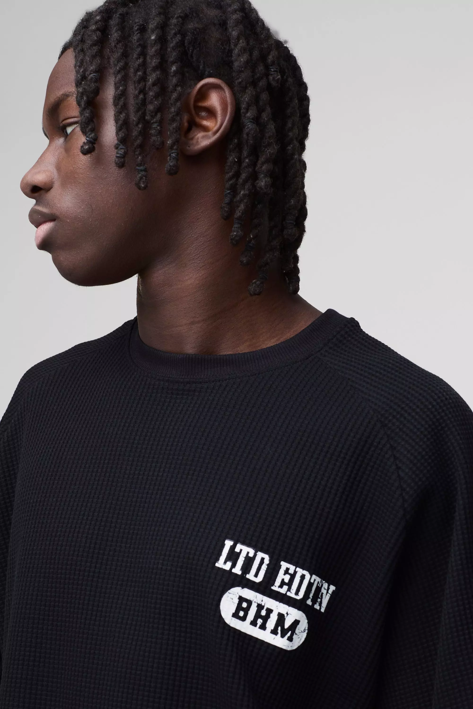 Black Oversized Wafel Gebreid Raglan T-Shirt alternatieve afbeelding