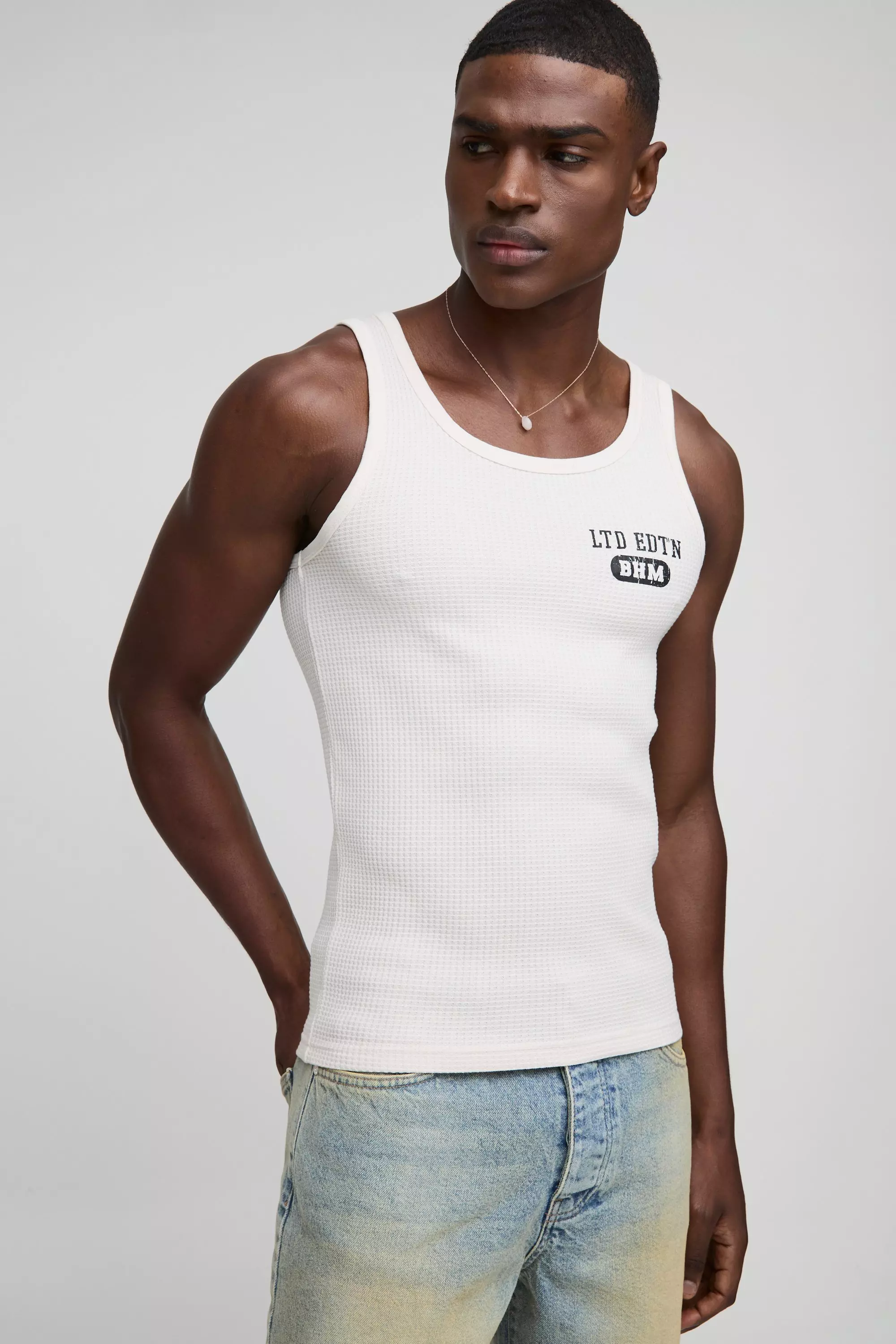 Ecru Muscle Fit Waffle Print Vest alternative image