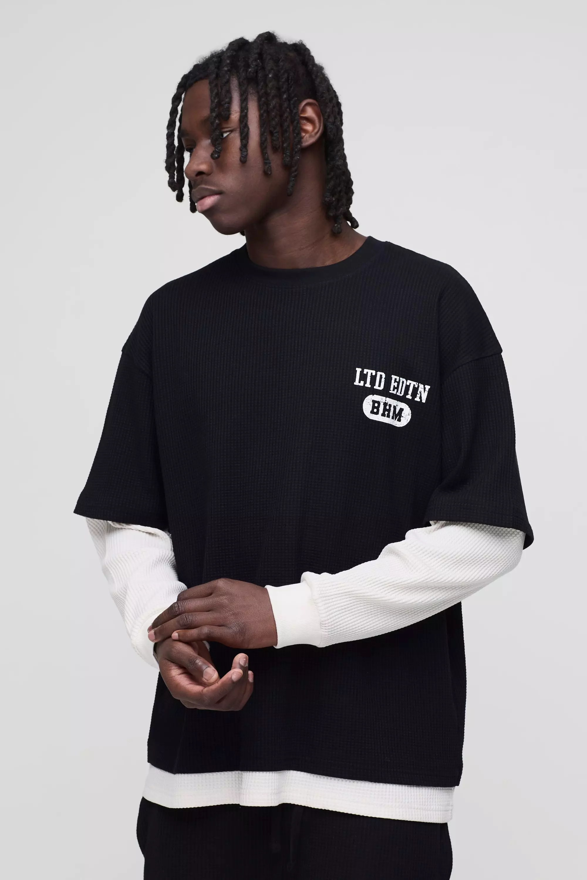Black Oversized Faux Sleeve Waffle Print T-Shirt alternative image