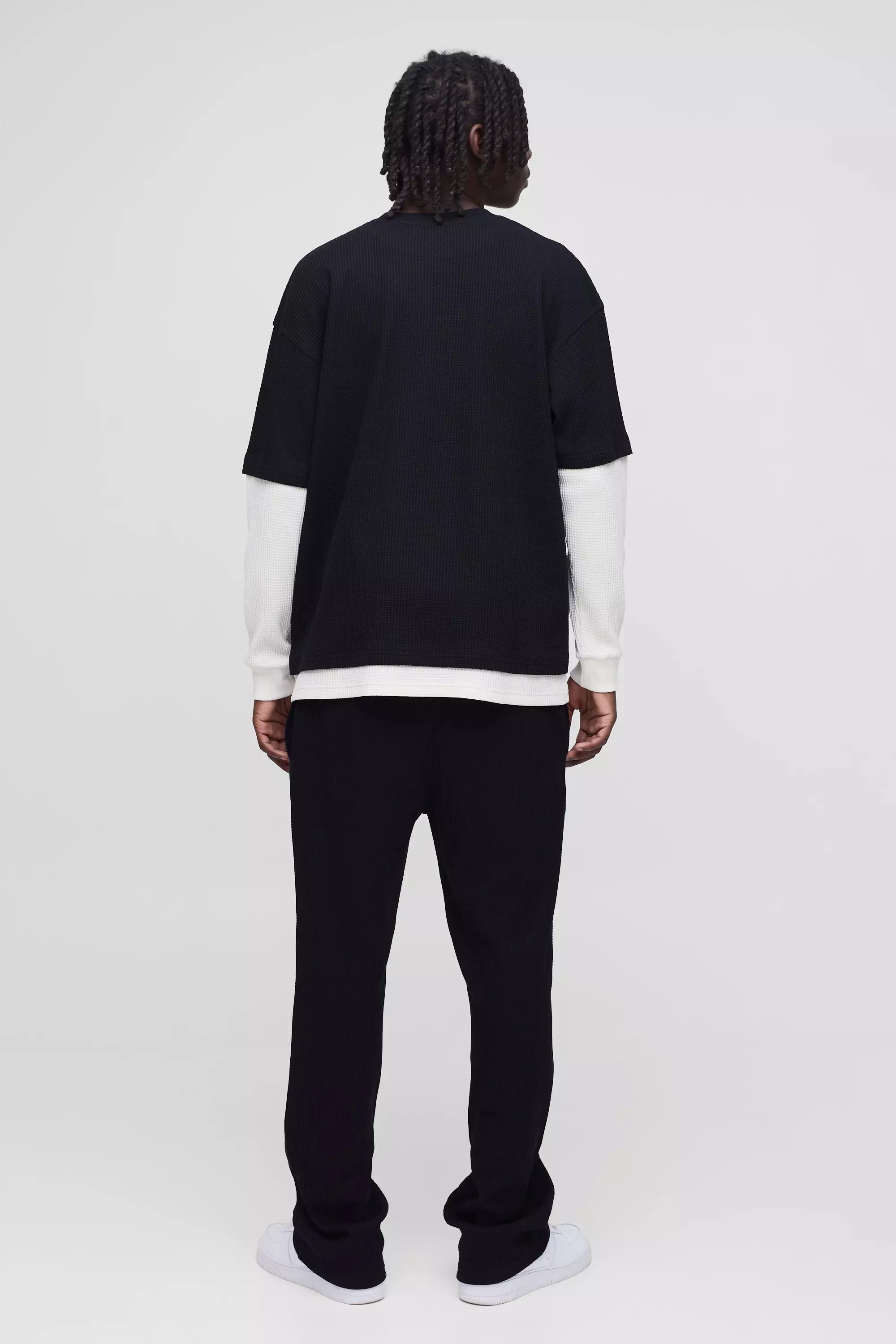 Black Oversized Faux Sleeve Waffle Print T-Shirt alternative image