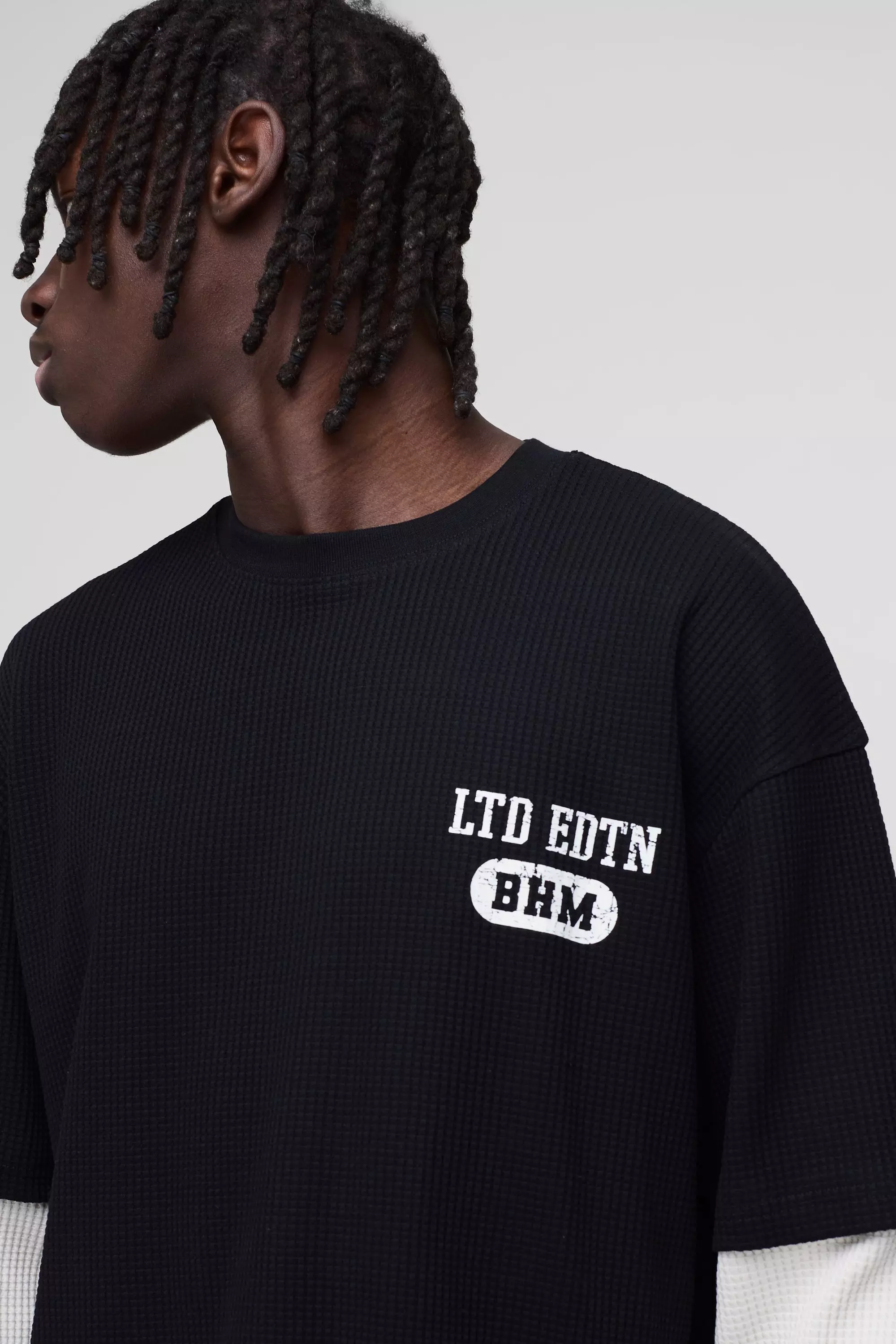 Black Oversized Faux Sleeve Waffle Print T-Shirt alternative image