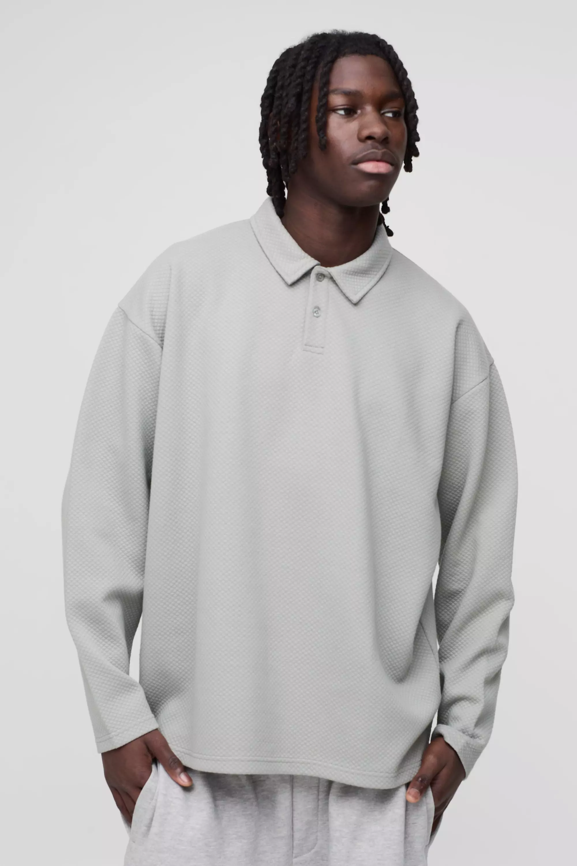 Khaki Oversized Waffle Jacquard Long Sleeve Polo alternative image
