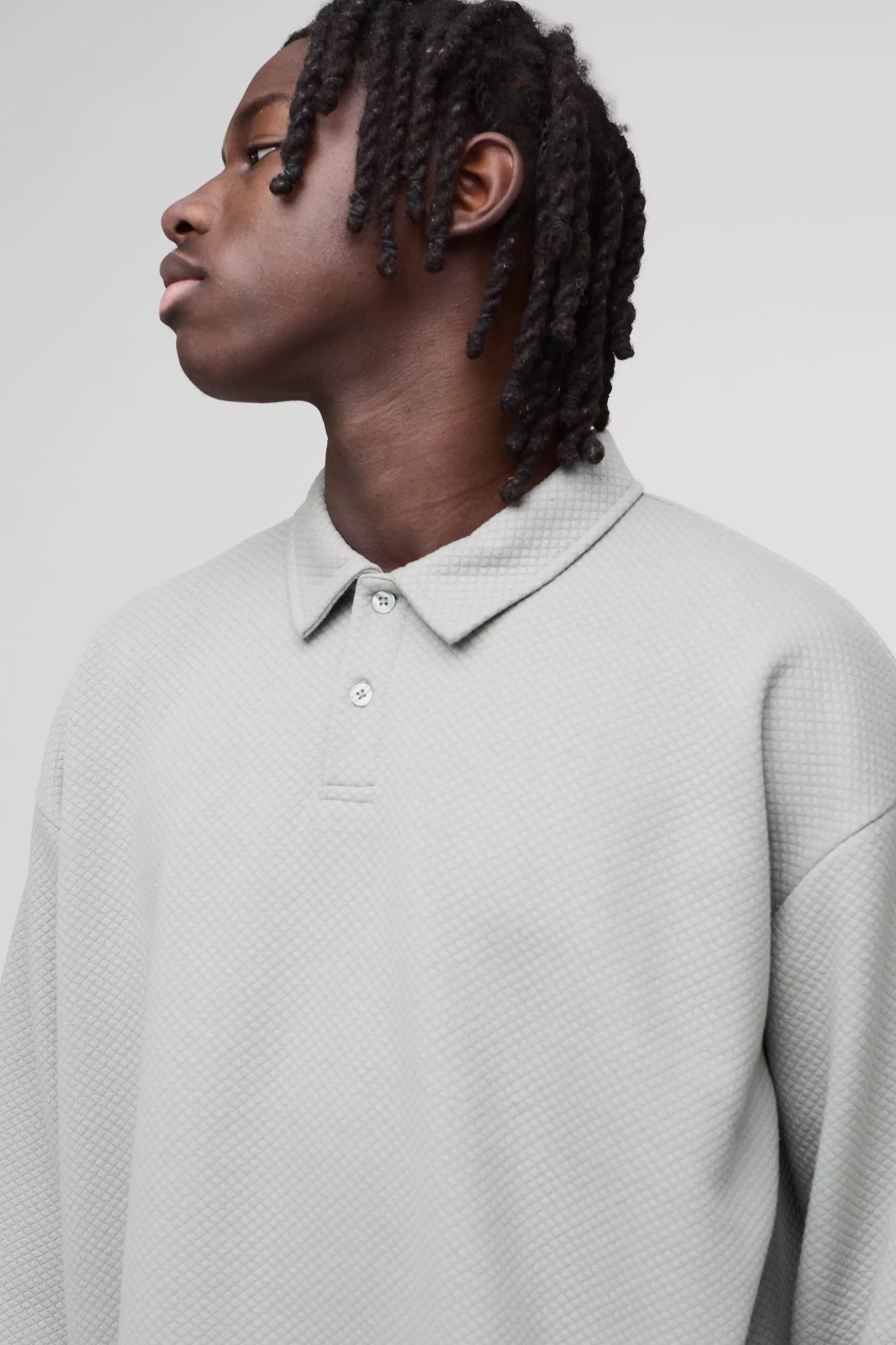 Khaki Oversized Waffle Jacquard Long Sleeve Polo alternative image