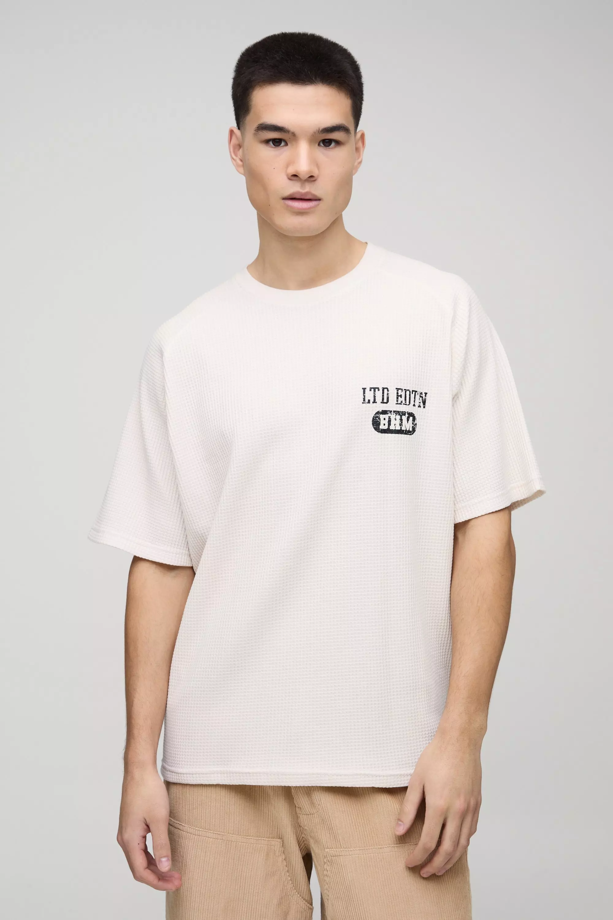 Ecru Oversized Raglan Waffle Print T-Shirt alternative image