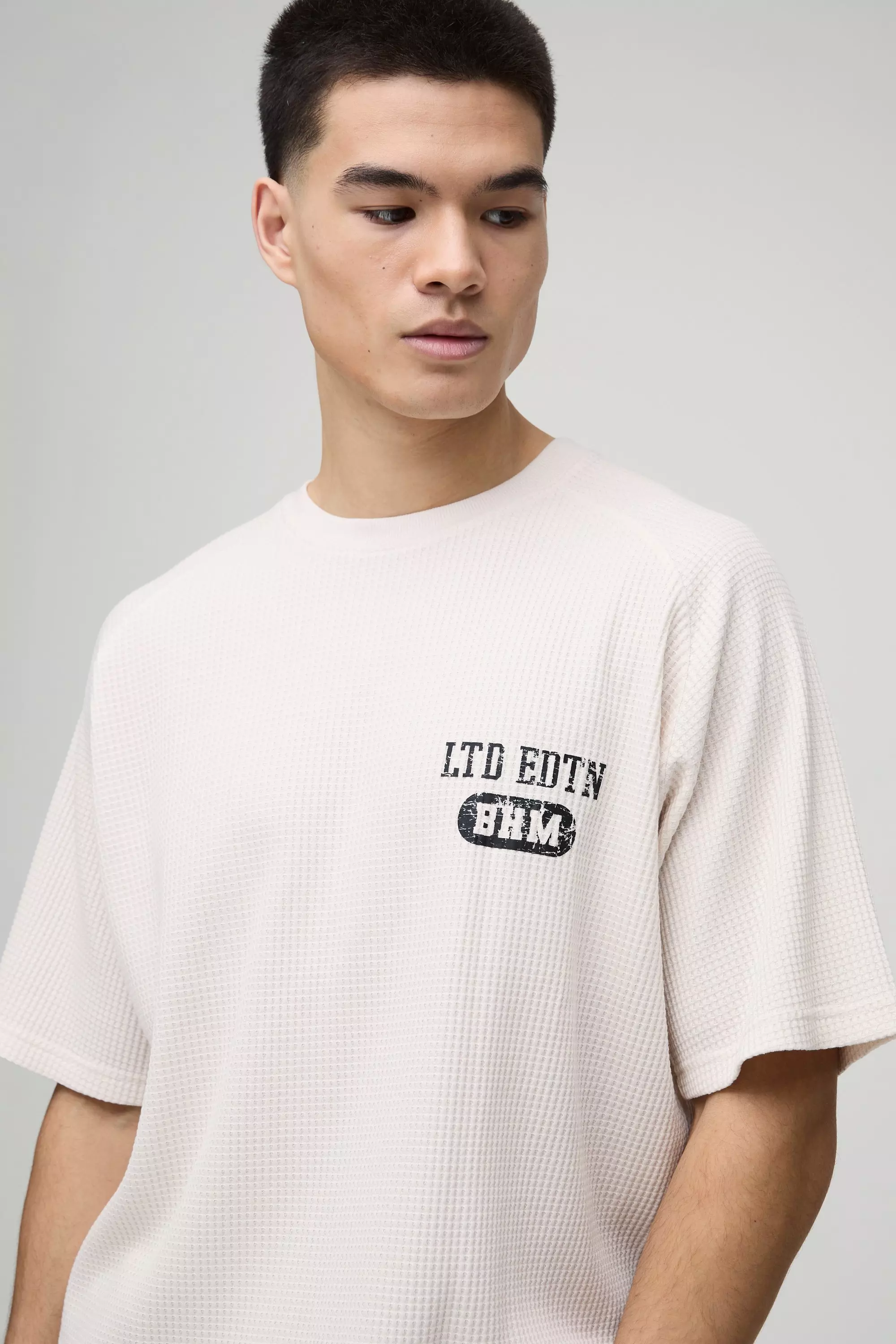 Ecru Oversized Raglan Waffle Print T-Shirt alternative image