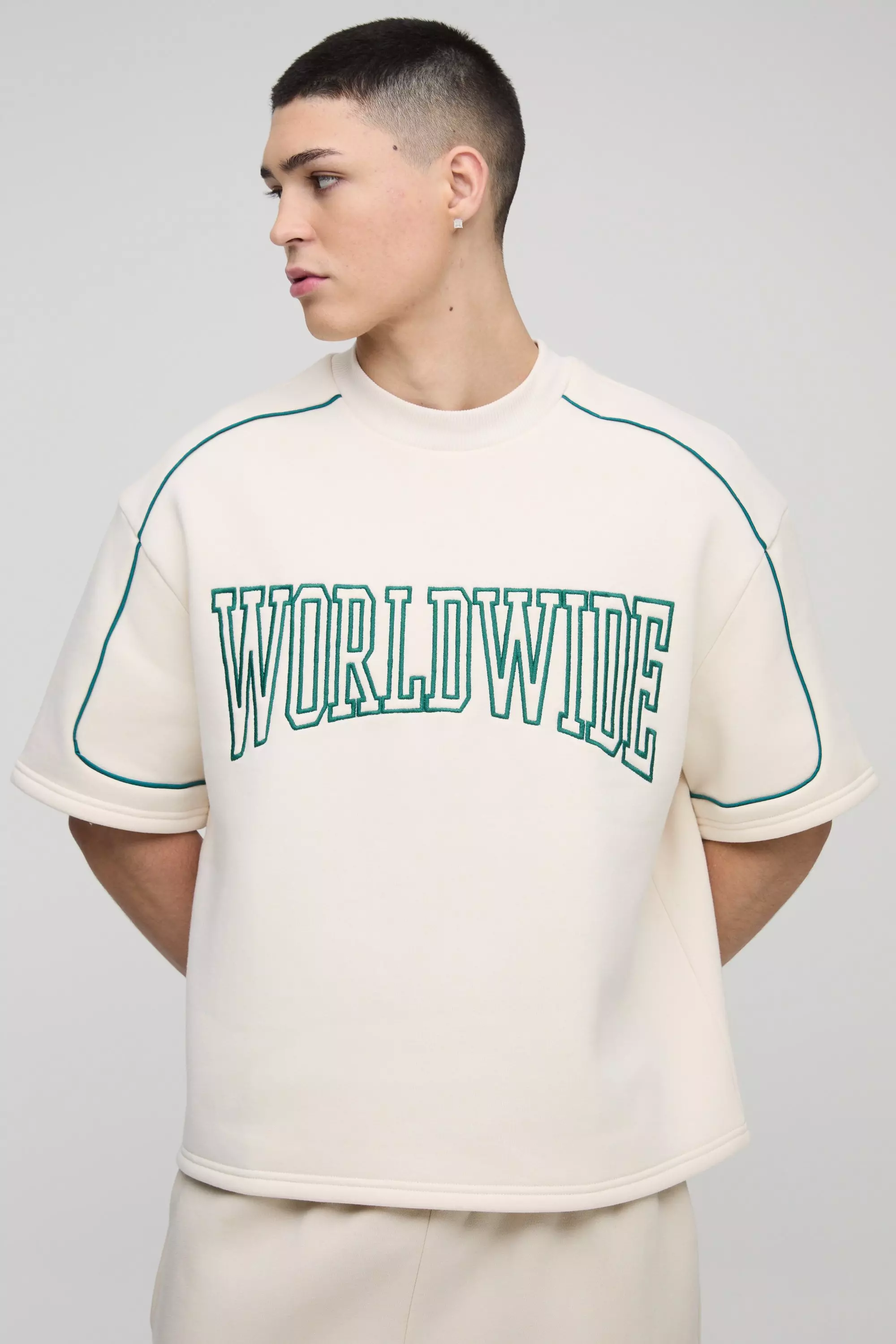 Oversized Boxy Embroidered Varsity Half Sleeve Sweatshirt | boohooMAN USA