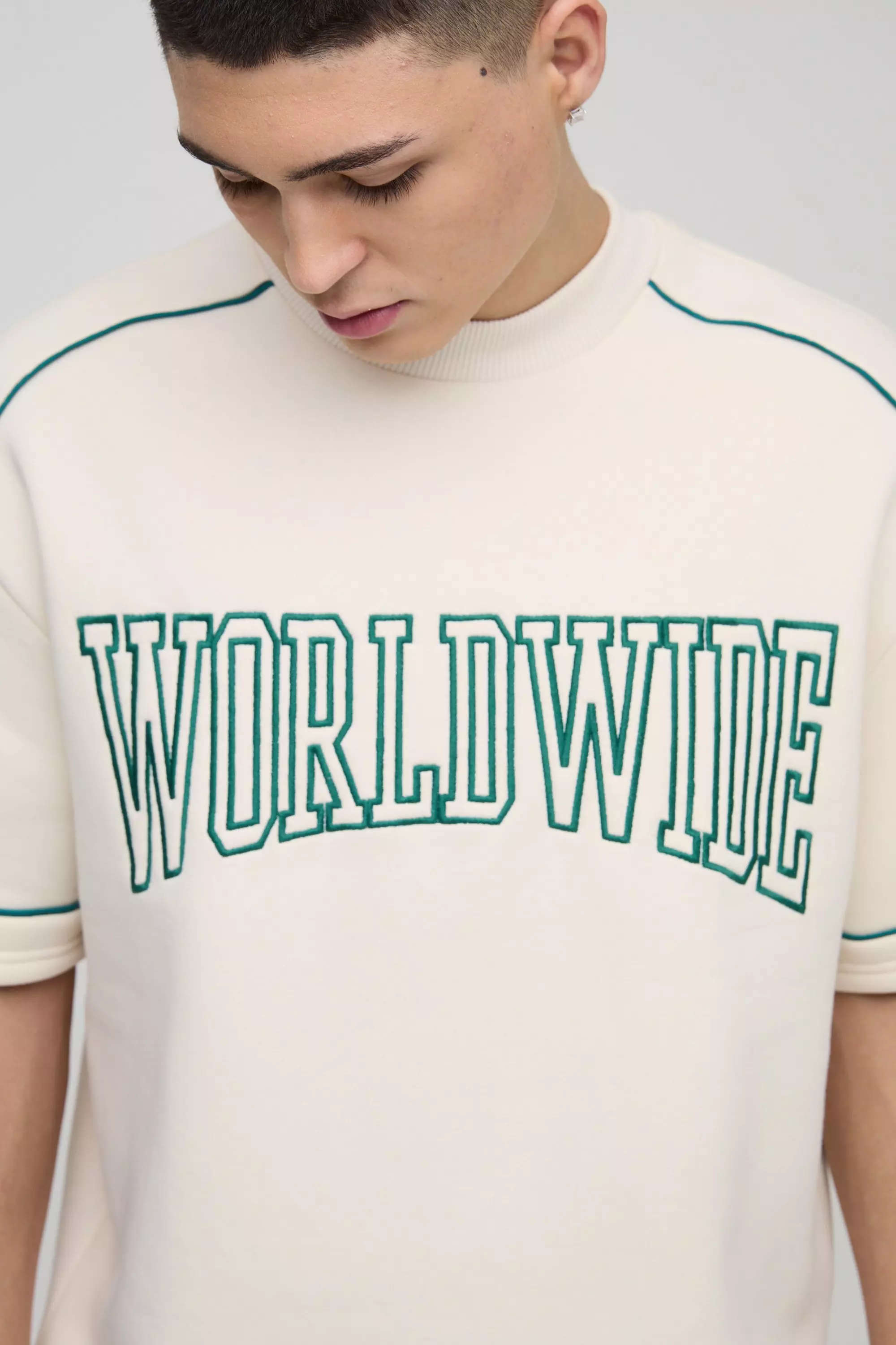 Oversized Boxy Embroidered Varsity Half Sleeve Sweatshirt | boohooMAN USA