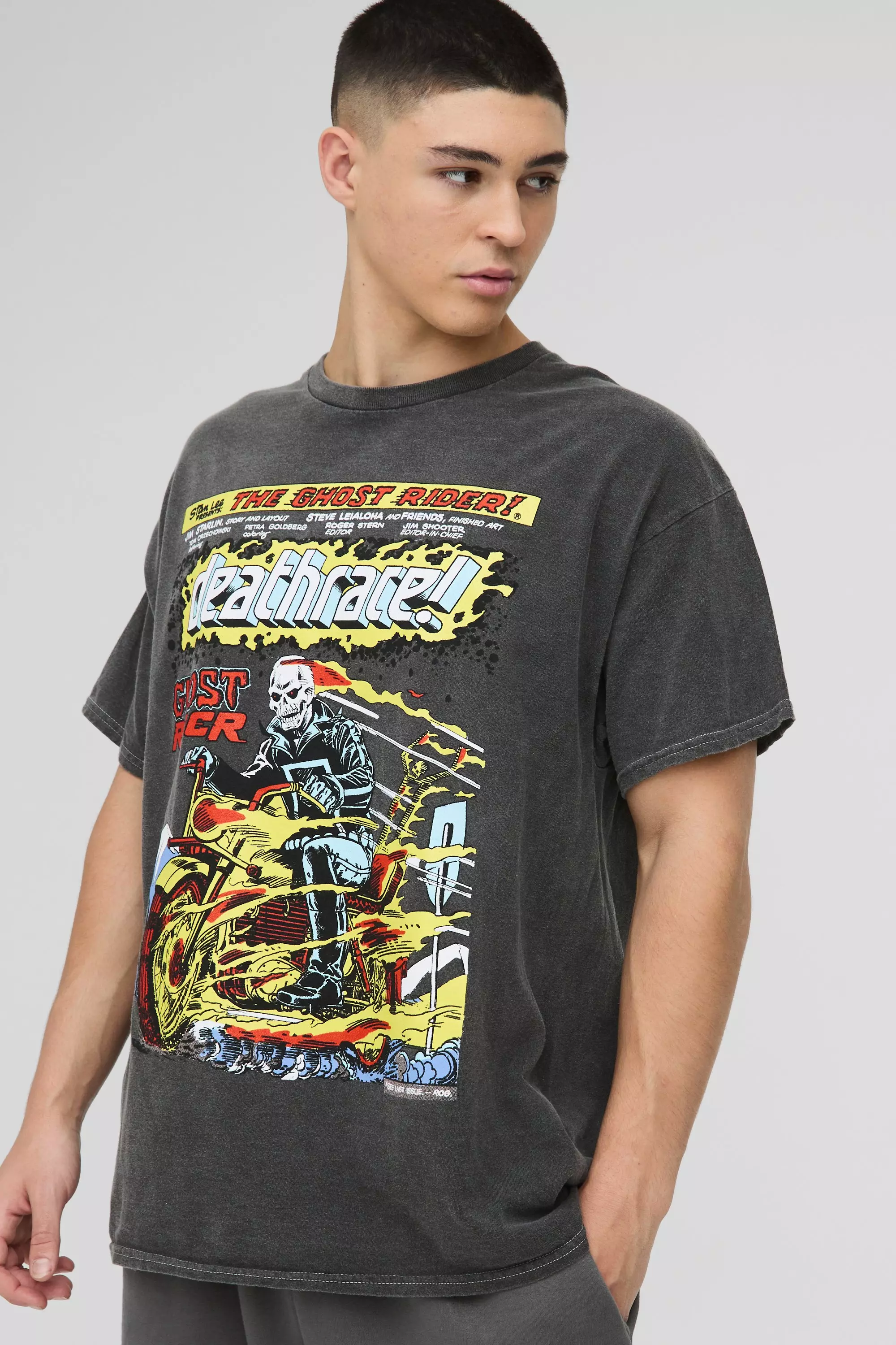 Oversized Ghost Rider Wash License Print T-Shirt | boohooMAN USA