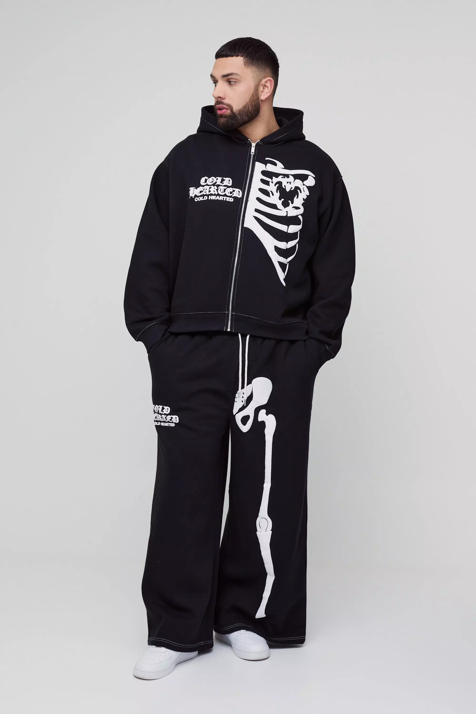 Black Plus Oversized Boxy Skeleton Puff Print Contrast Stitch Hooded Tracksuit