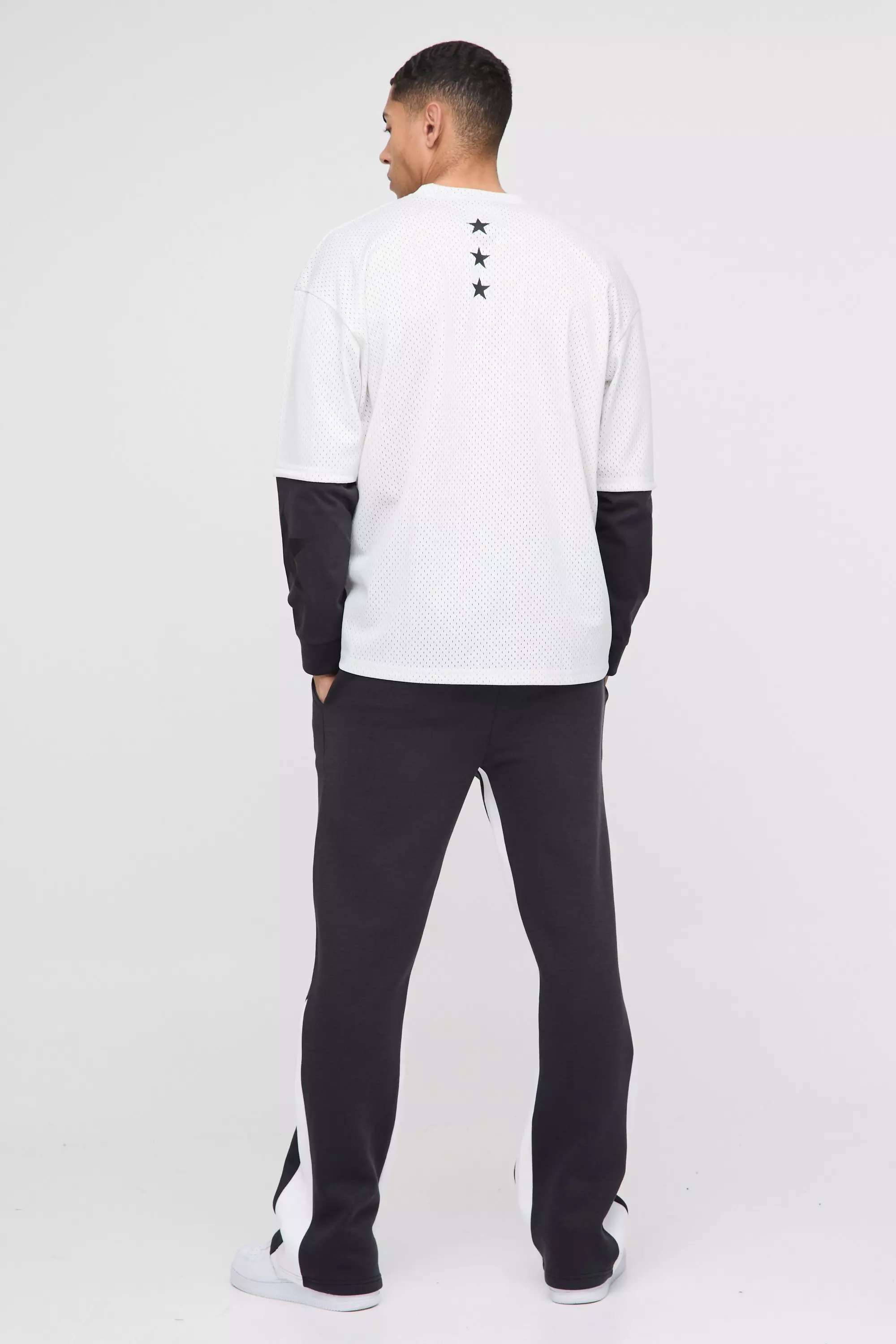Oversized Mesh Layer Long Sleeve Varsity Graphic T Shirt | boohooMAN USA