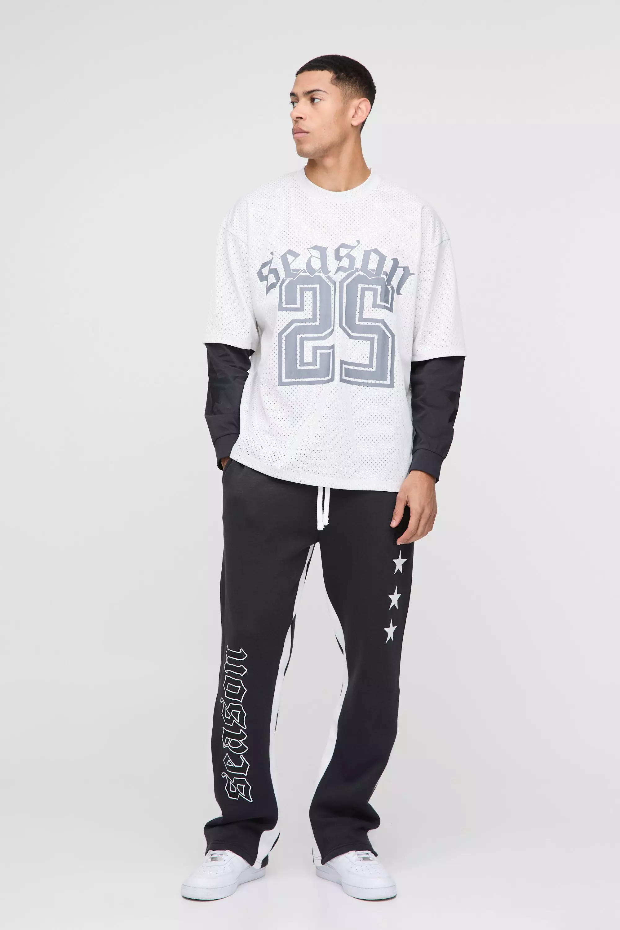 Oversized Mesh Layer Long Sleeve Varsity Graphic T Shirt | boohooMAN USA