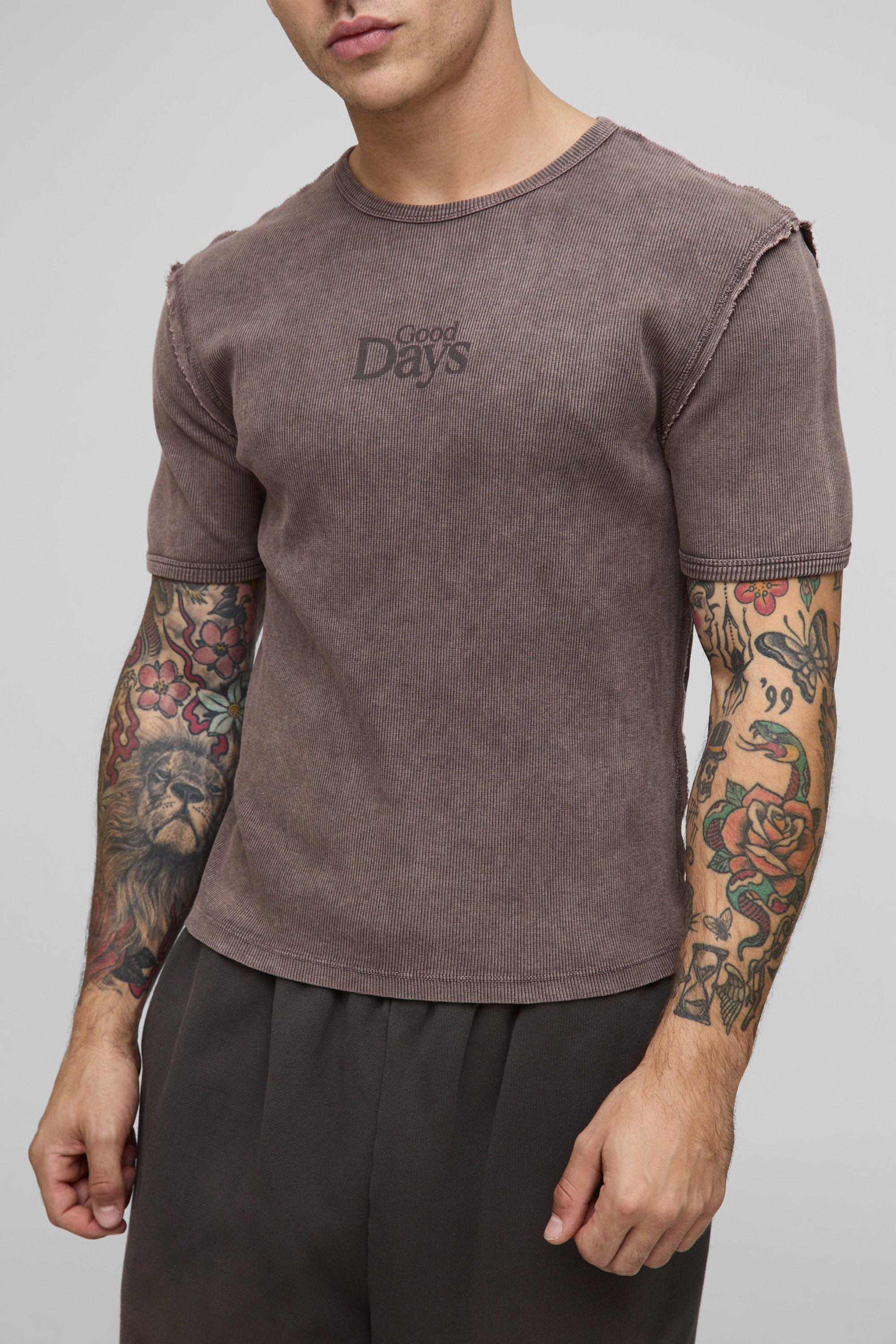 Muscle Fit Rib Printed Exposed Seam T-Shirt | boohooMAN USA