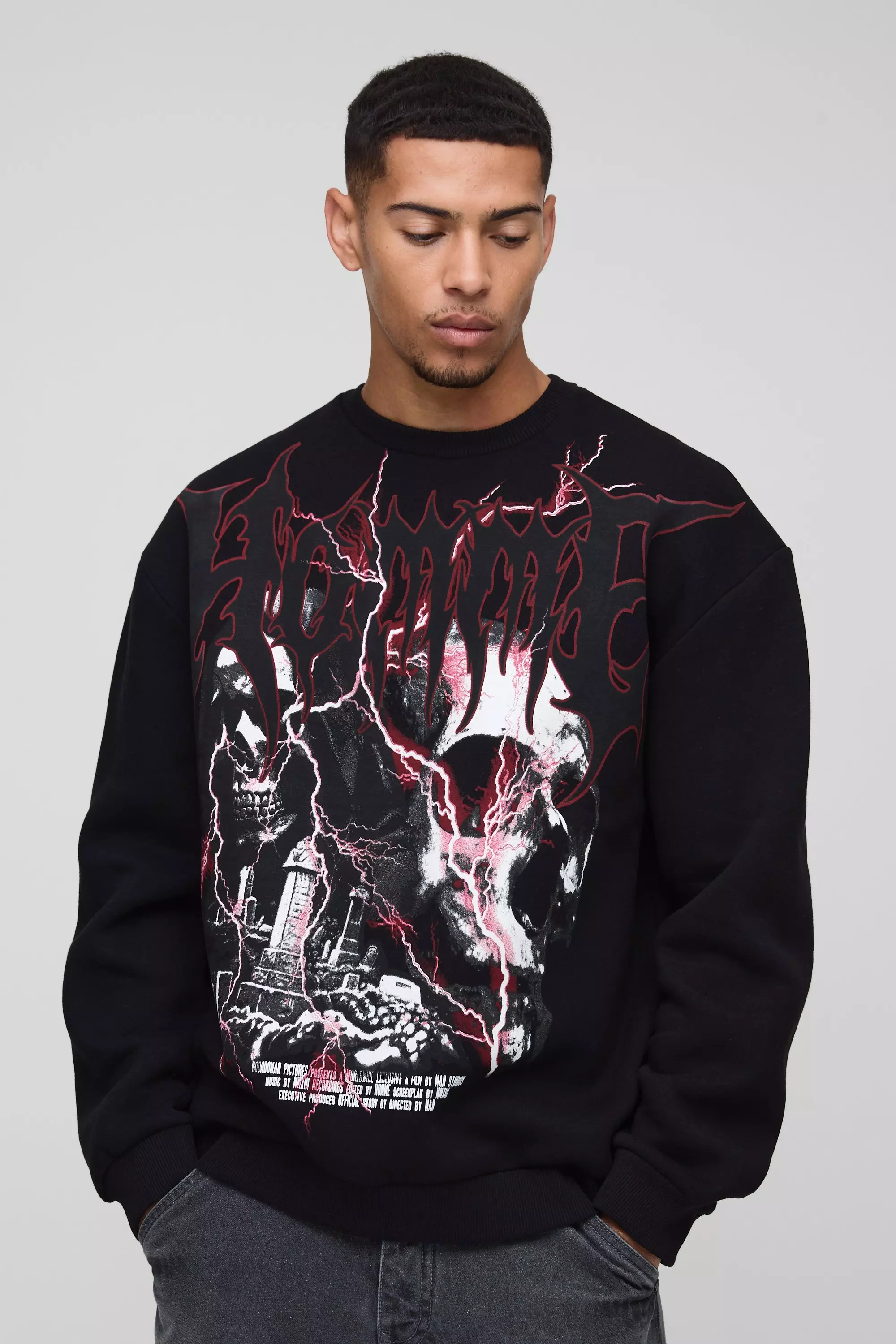 Oversized Large Scale Gothic Skull Graphic Sweatshirt Black