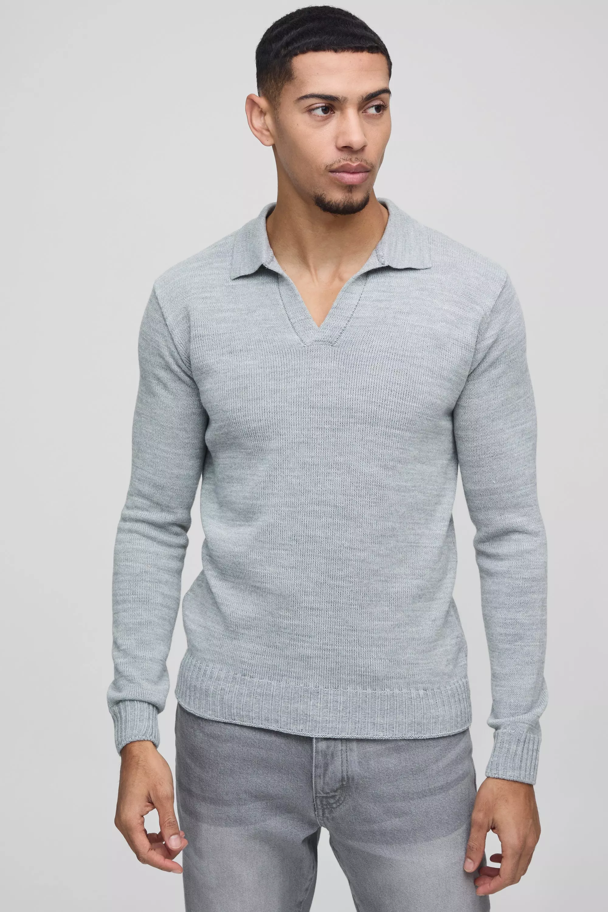 Light grey Regular Fit Knitted V-Neck Polo alternative image