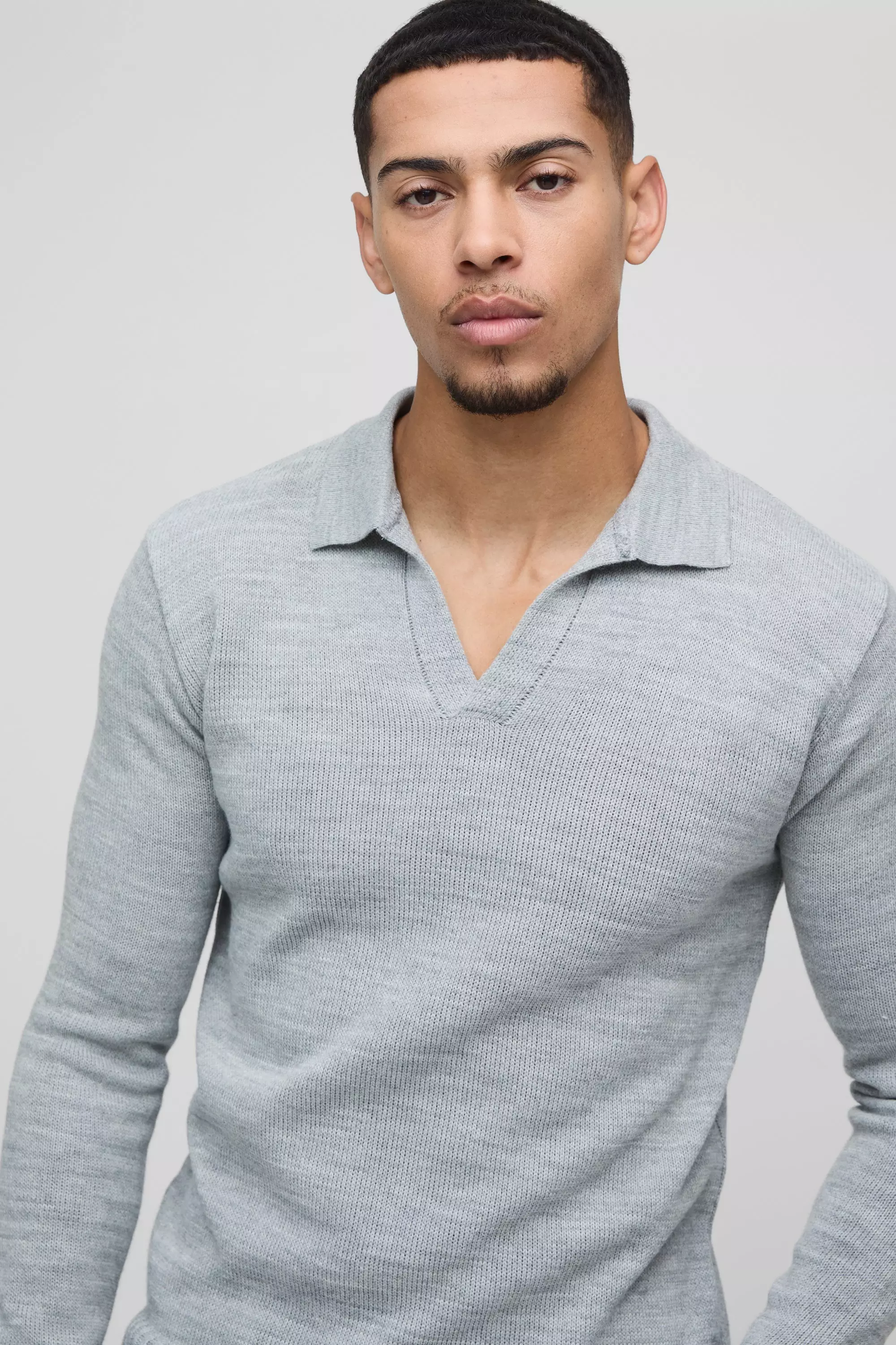 Light grey Regular Fit Knitted V-Neck Polo alternative image