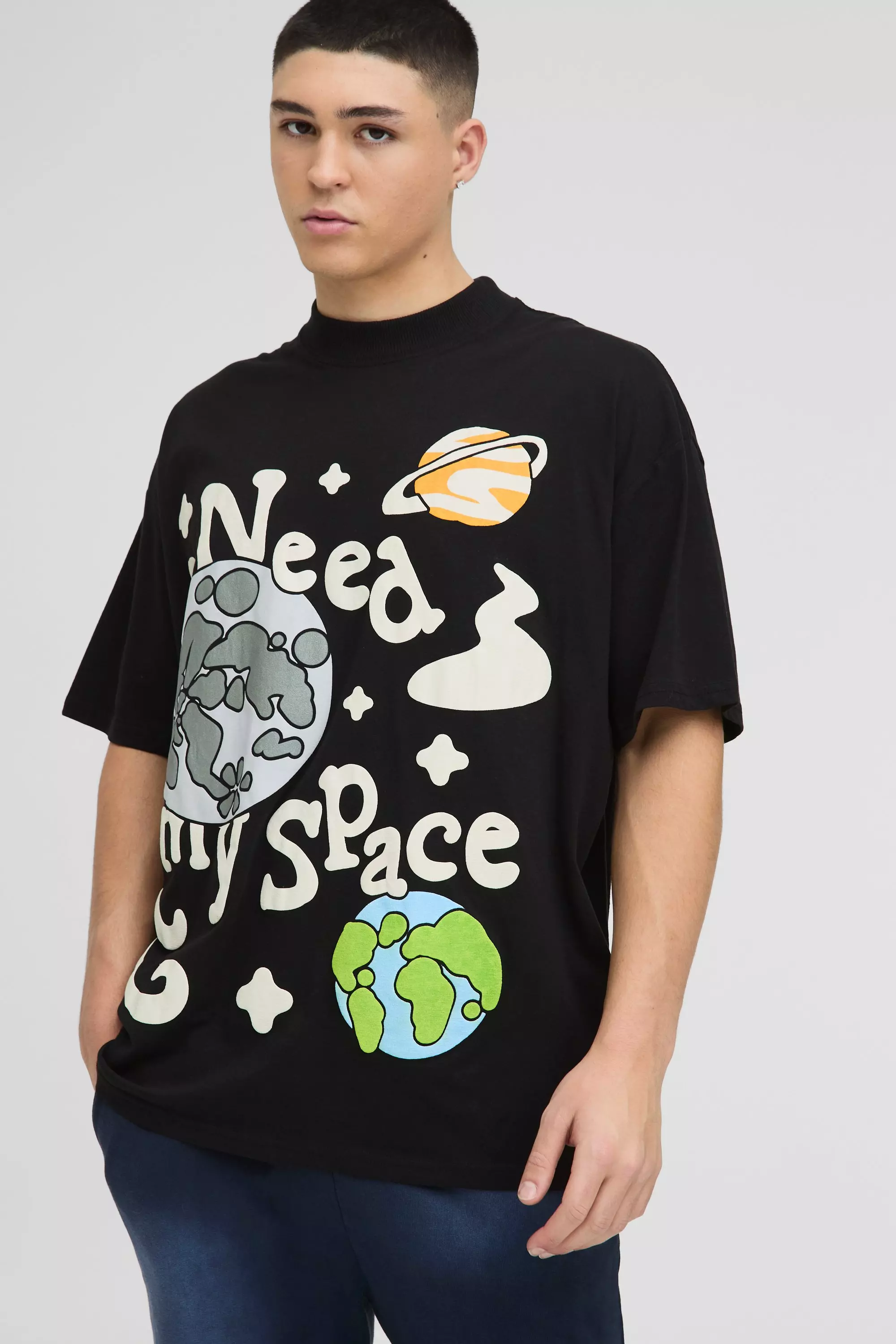 Black Oversized Extended Neck Puff Print Space Graphic T-shirt