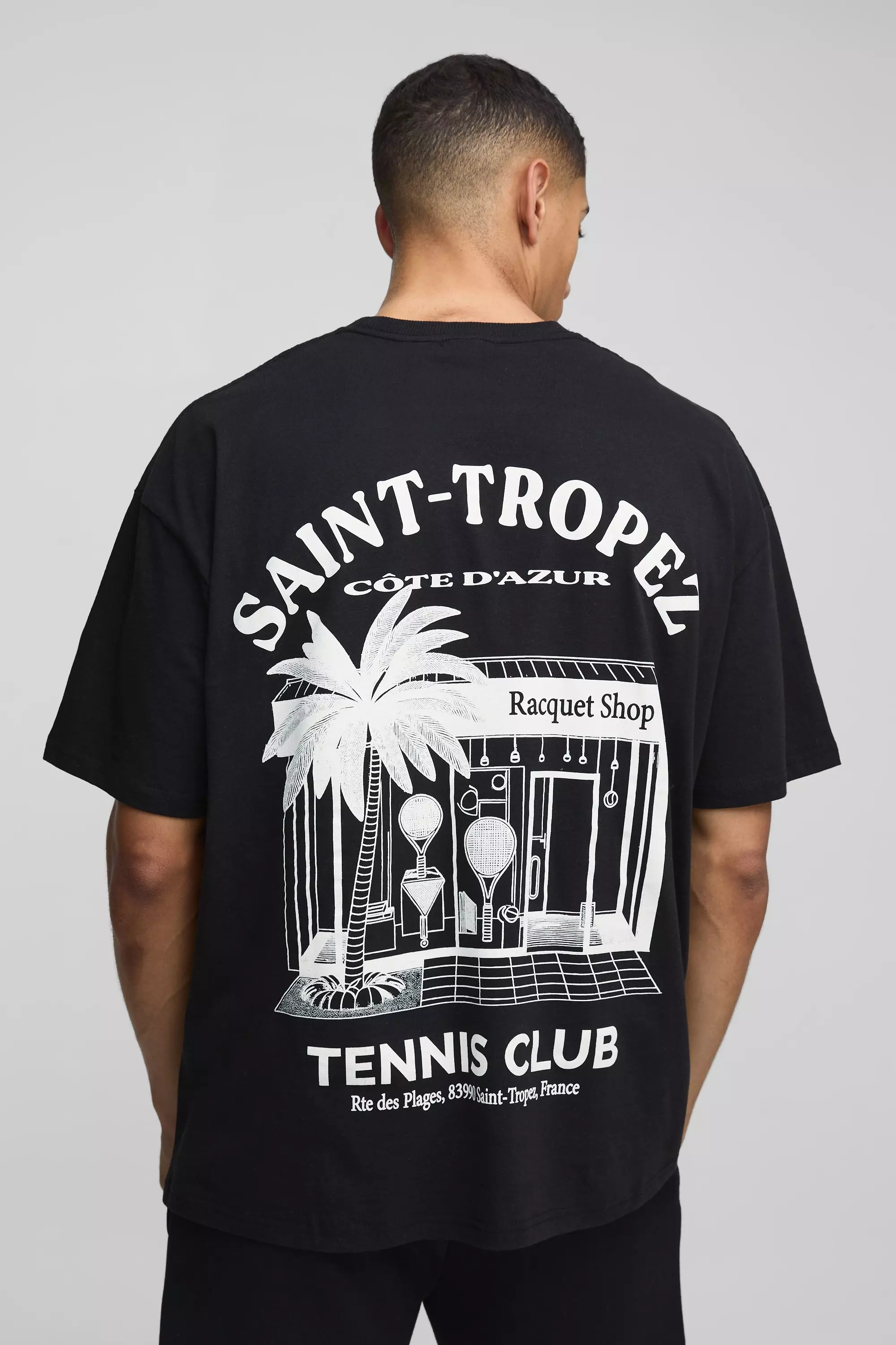 Oversized Saint Tropez Print T-Shirt Black